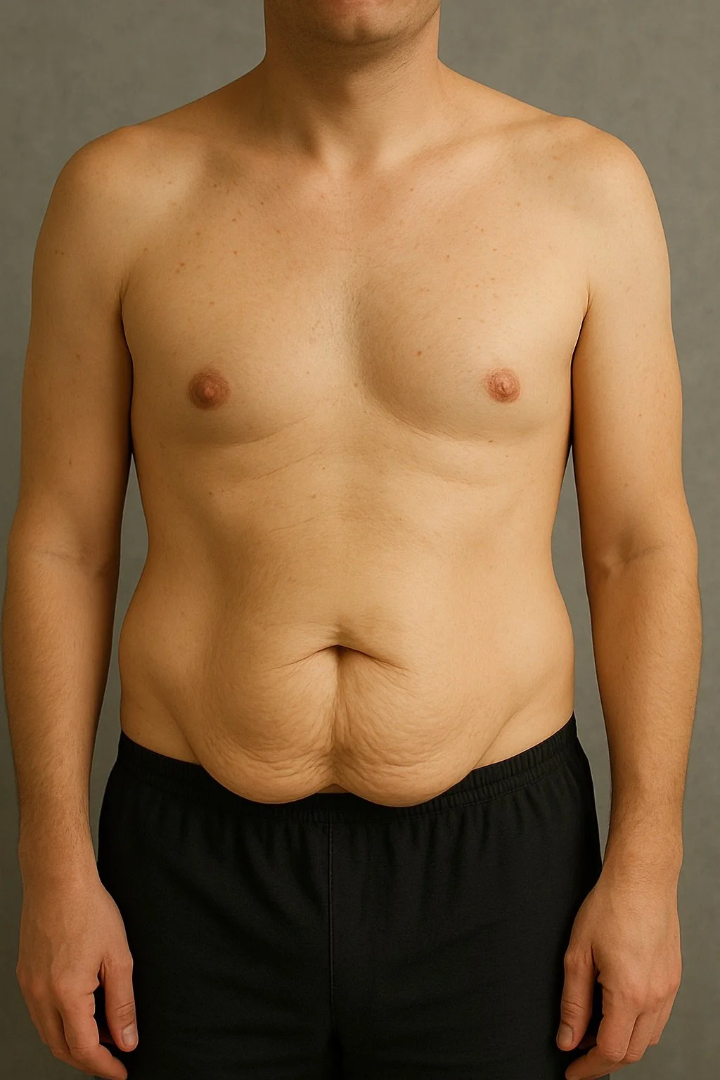 Sichtbarer Hautüberschuss am Oberkörper eines Mannes am Bauch und Brust. Der Mann trägt schwarze Hosen.