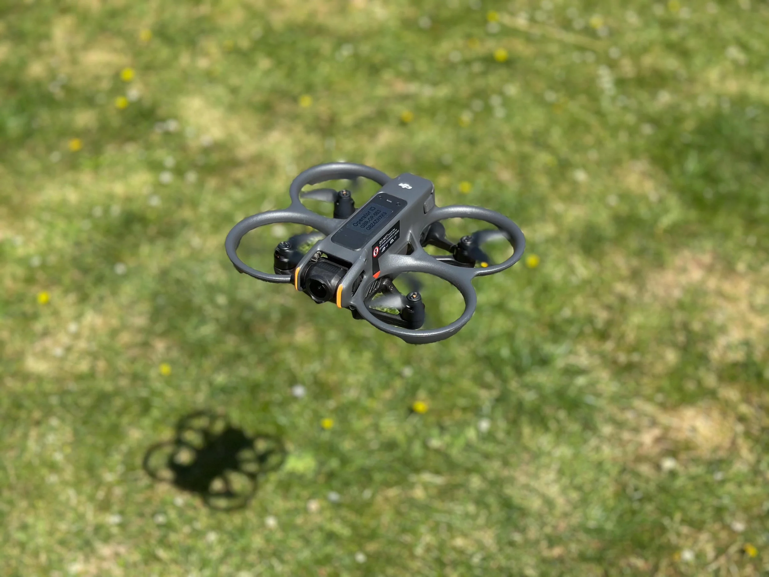 DJI Avata 2 hovering above green grass with shadow of drone underneath
