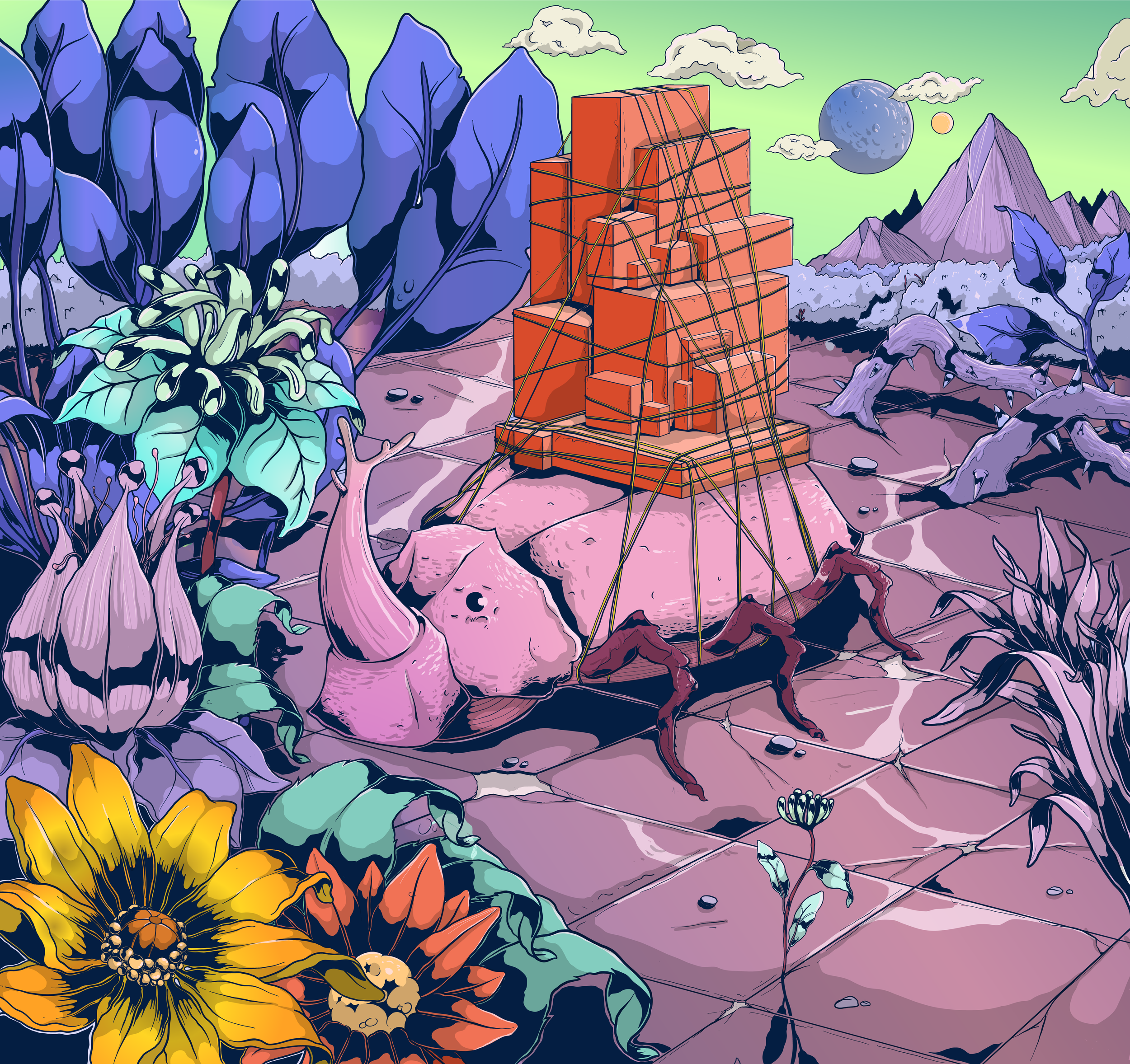 Ilustração colorida de uma paisagem com montanhas, árvores grandes de folhas roxas, um edifício de tijolos, nuvens, a lua e o sol no céu, além de flores e um tronco de árvore no chão.