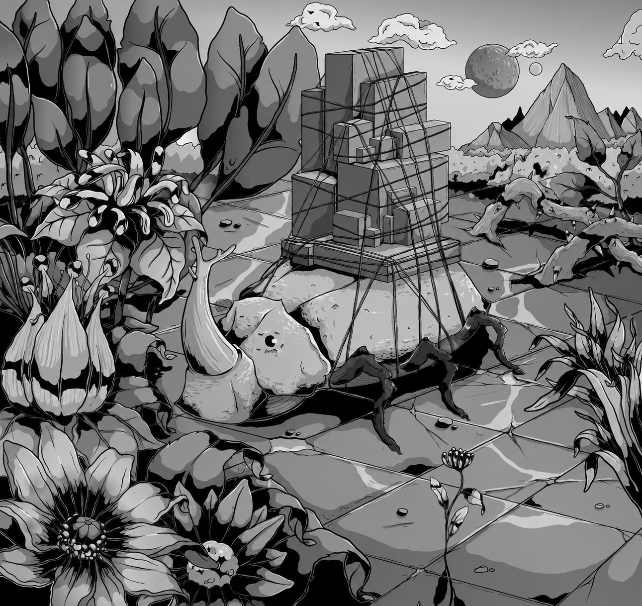 Ilustração em tons de cinza de uma cena com plantas, rochas e uma estrutura de madeira marcada por linhas que parecem sustentá-la, com um cenário de montanhas, nuvens, luas e planetas no céu ao fundo.
