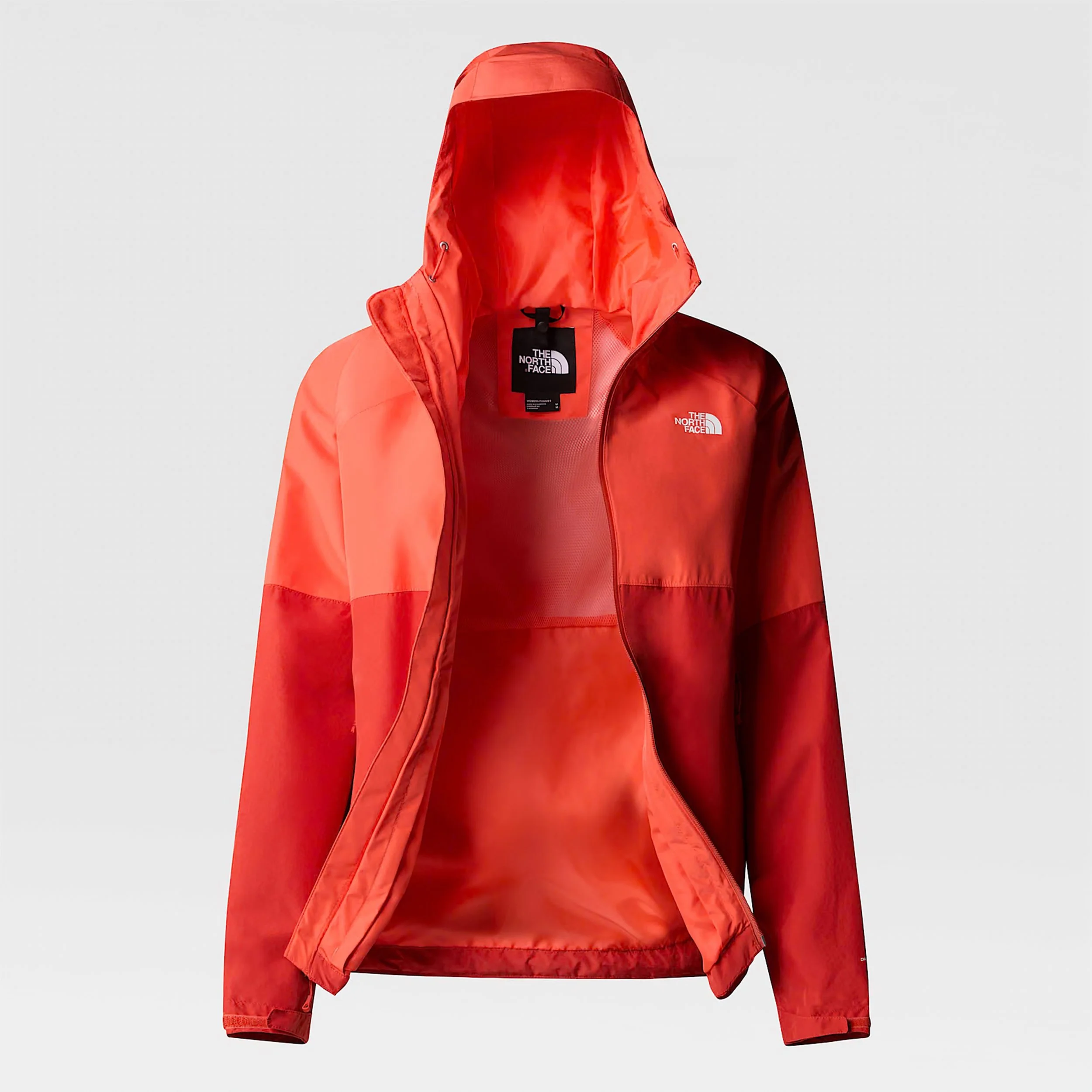 Giacca rossa della marca The North Face con cappuccio, aperta, mostrata frontale.