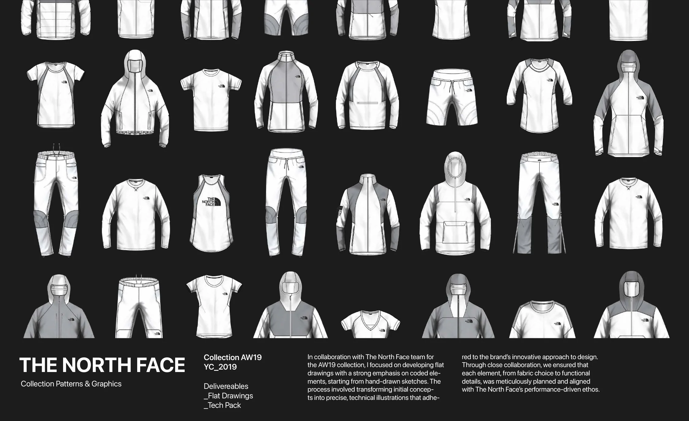Disegni di abbigliamento sportivo e outdoor di The North Face, collezione autunno-inverno 2019, in collaborazione con il team The North Face, con una serie di cappotti, pantaloni, maglie e giacche tecniche, tutti in stile minimalista e con dettagli tecnici.