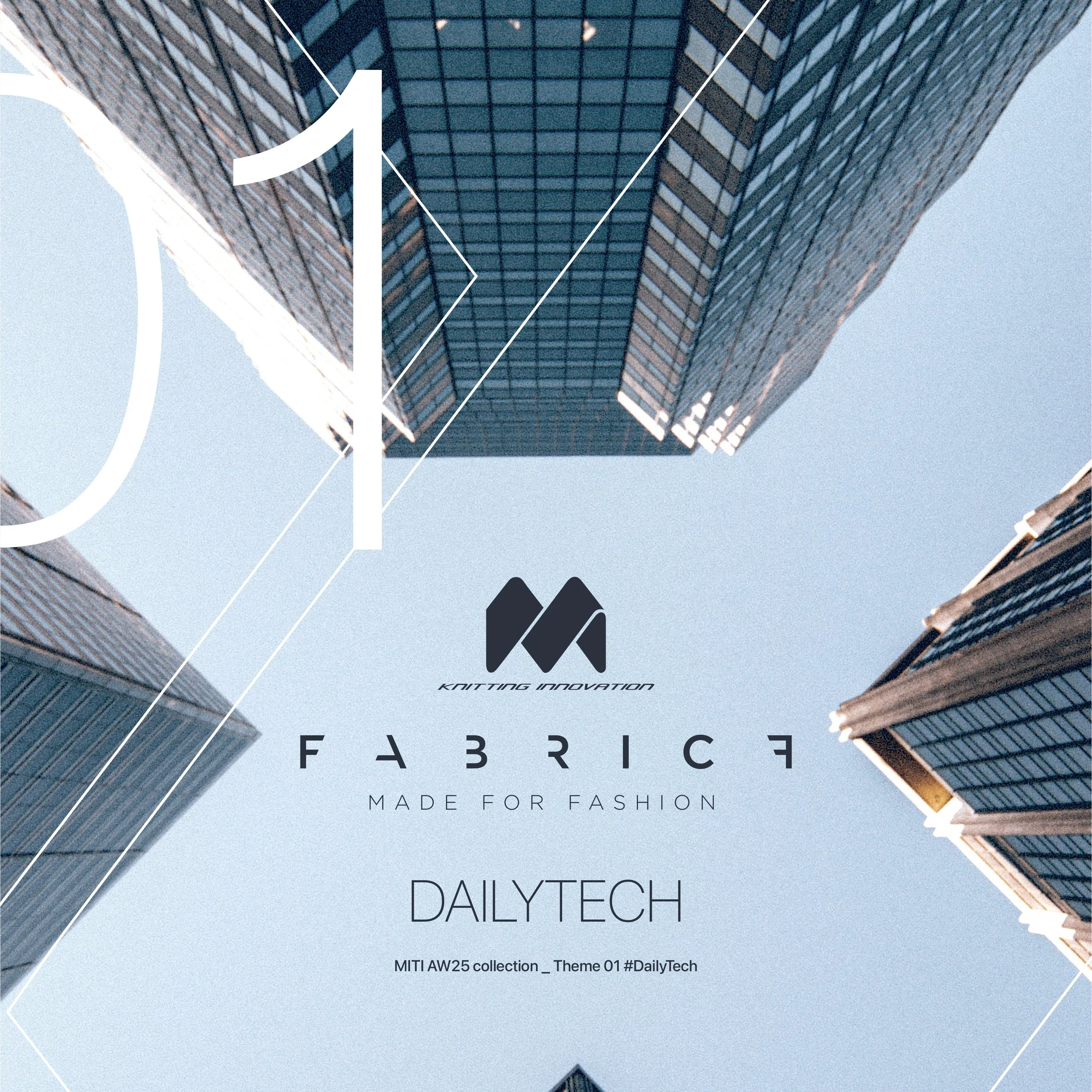 Immagine di un cielo visto dall'alto tra grattacieli moderni di vetro, con testo sovrapposto che promuove una collezione di moda innovativa e tecnologica.