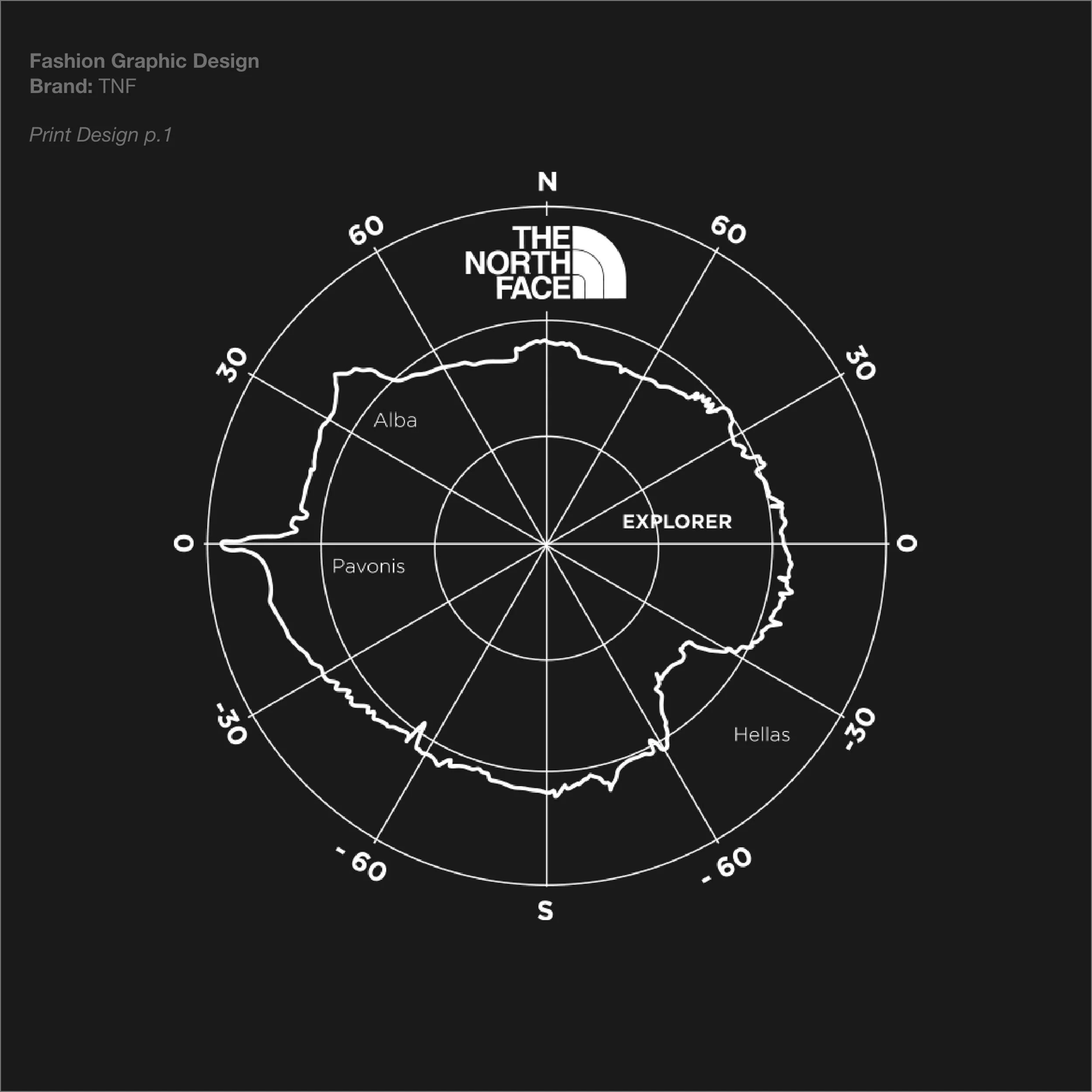 Grafico circolare a tema moda e design grafico con testo in inglese, sfondo nero, linee bianche e alcune parole come 'Alba', 'Pavonis', 'Hellas', 'Explorer', 'The North Face'.