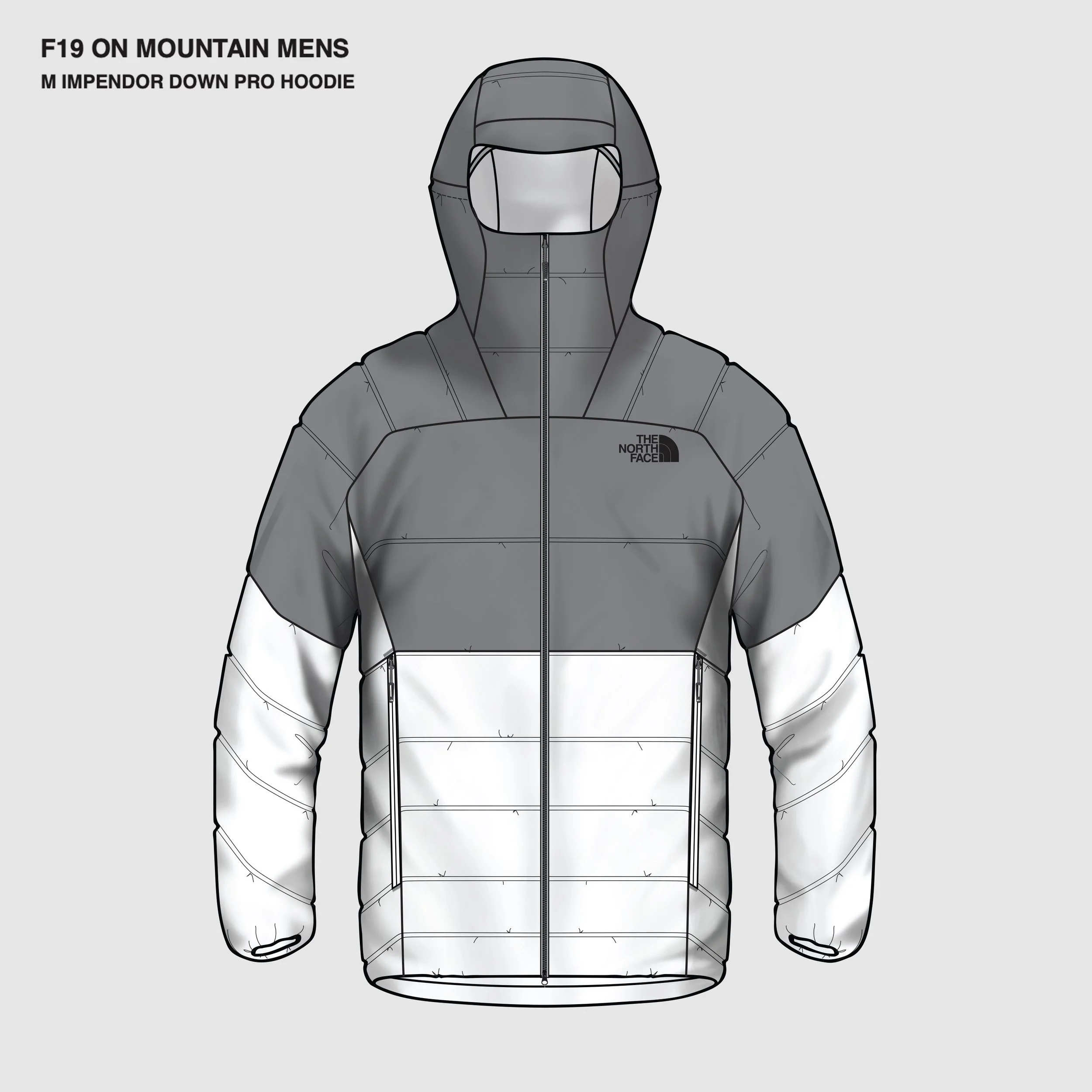 Giacca da outdoor The North Face, modello Impendor Down Pro Hoodie, in colori grigio e bianco, con cappuccio e zip frontale.