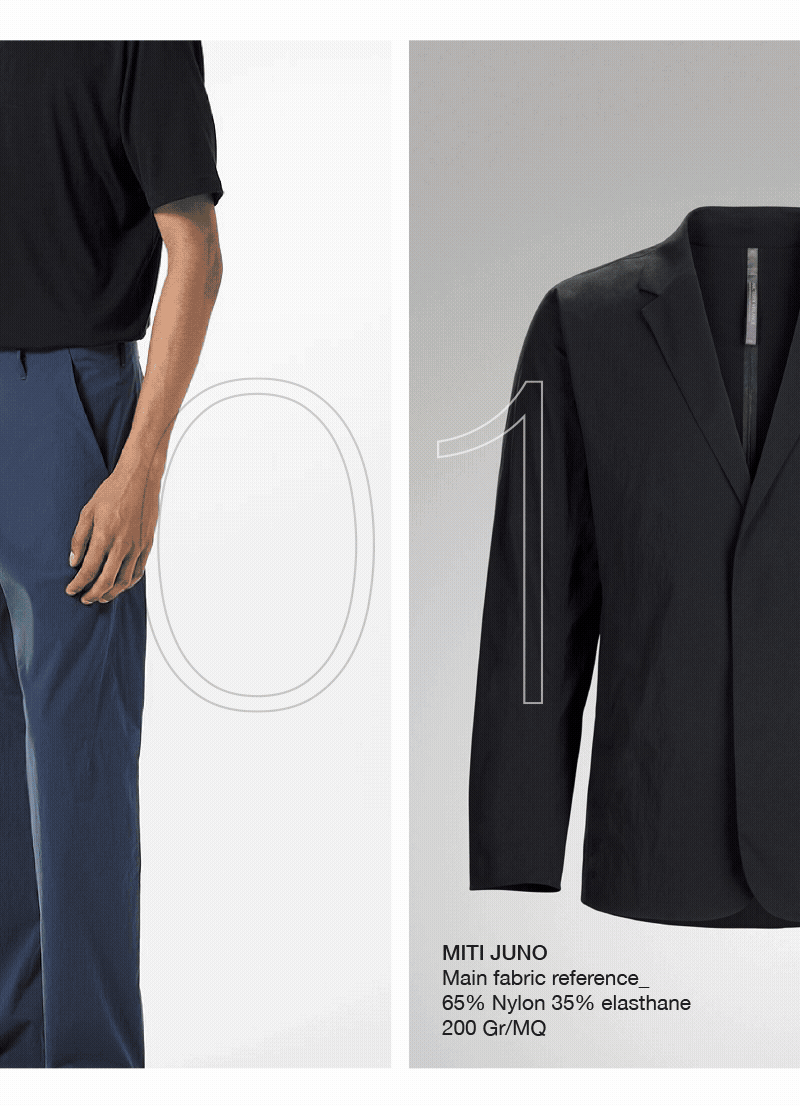 Immagine divisa in due parti: a sinistra, una persona con pantaloni blu e maglietta nera, a destra, una giacca nera con dettagli strutturali.