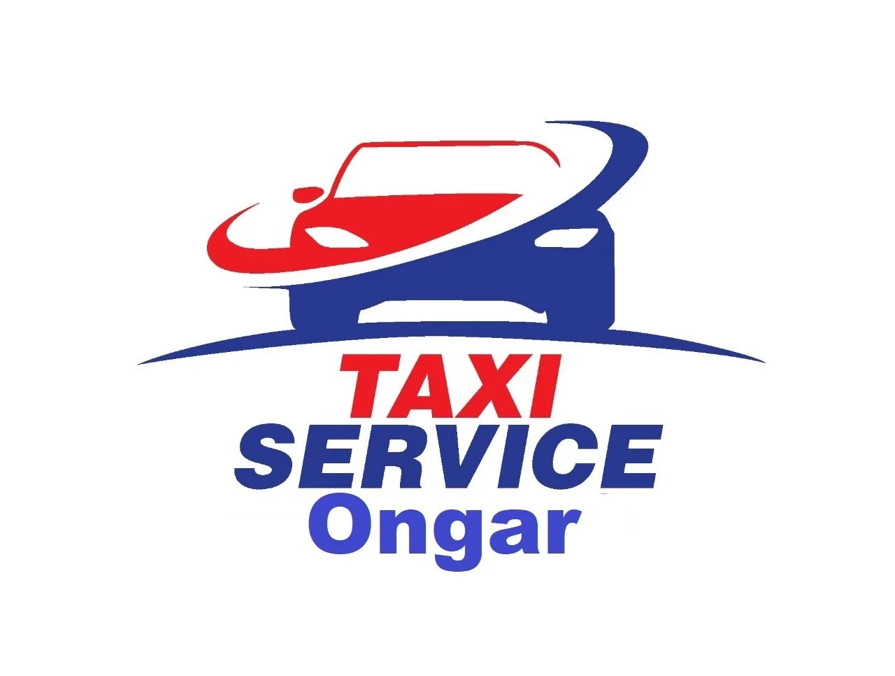 Logo for Taxi Service Ongar featuring a red and blue car with swoosh design and the text 'TAXI SERVICE Ongar' in red and blue.