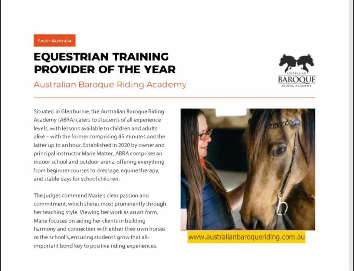 Publication from 2024 outlining the reasons why ABRA was named Equestrian Training Provider of the year.