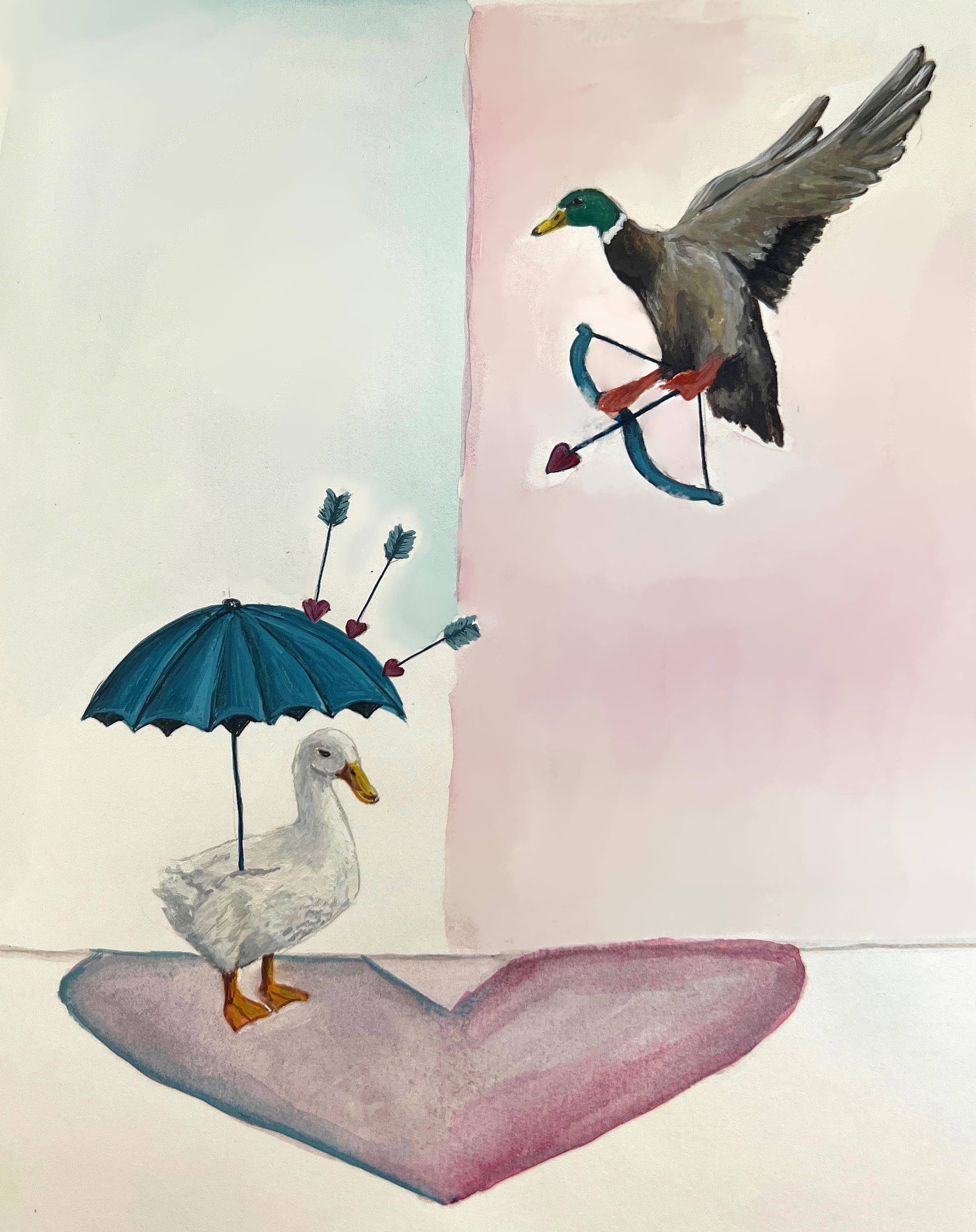 A grumpy duck holding an umbrella shielded from the cupid mallard firing love arrows at it.