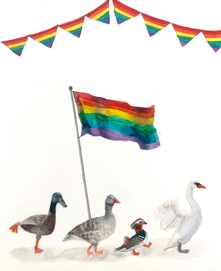 Four waterfowl in a parade holding a rainbow flag with rainbow bunting