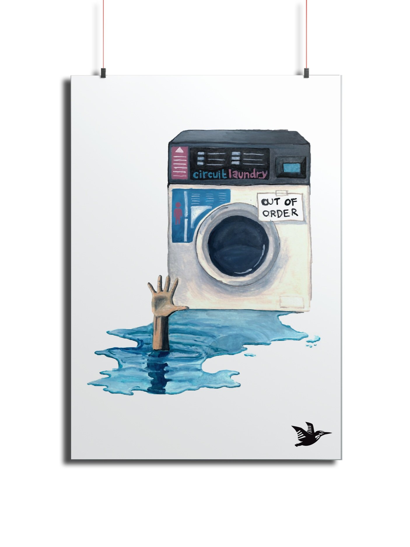 Washing machine with a puddle of water and a hand emerging from the puddle.
