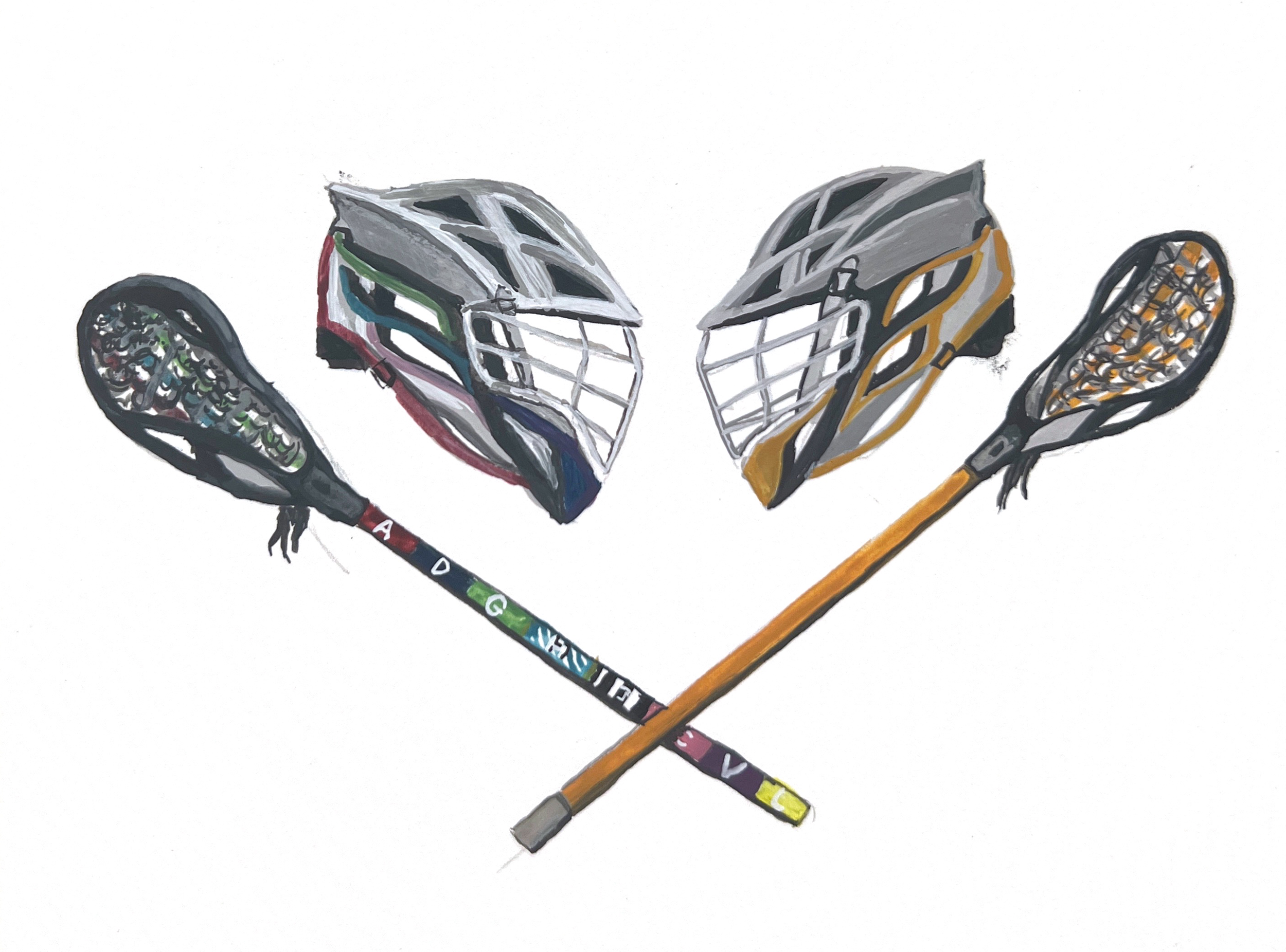 Lacrosse sticks crossed with helmets facing each other