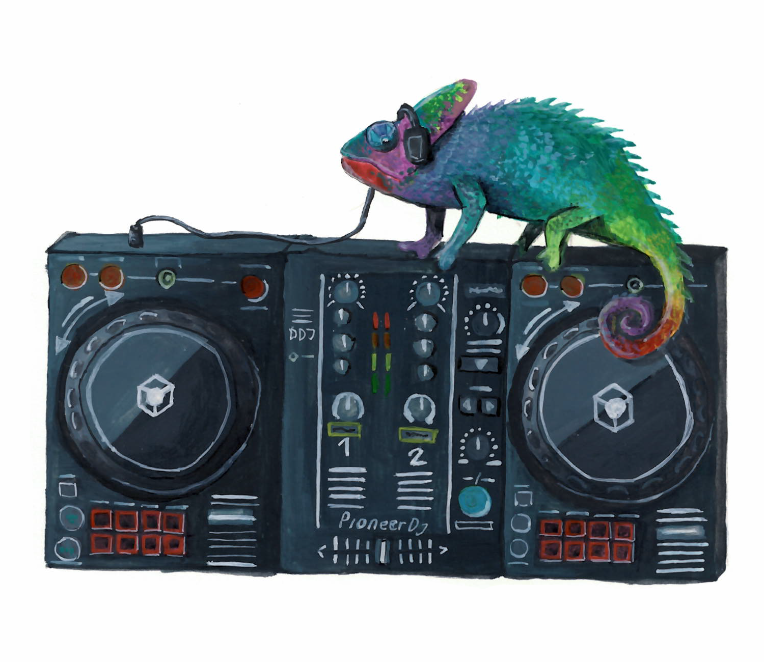 DJ decks with a rainbow chameleon sat on top wearing headphones.