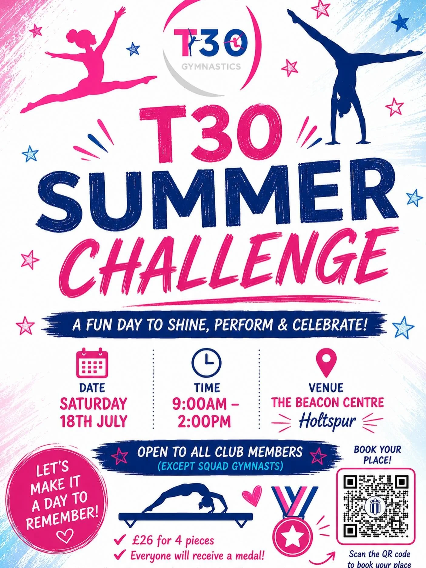 Open to all T30 recreational members. Book your place now by scanning the QR code and downloading the invitem app. All details will be on there. 🤸🤸&zwj;♀️🤸🤸&zwj;♀️🤸🤸&zwj;♀️