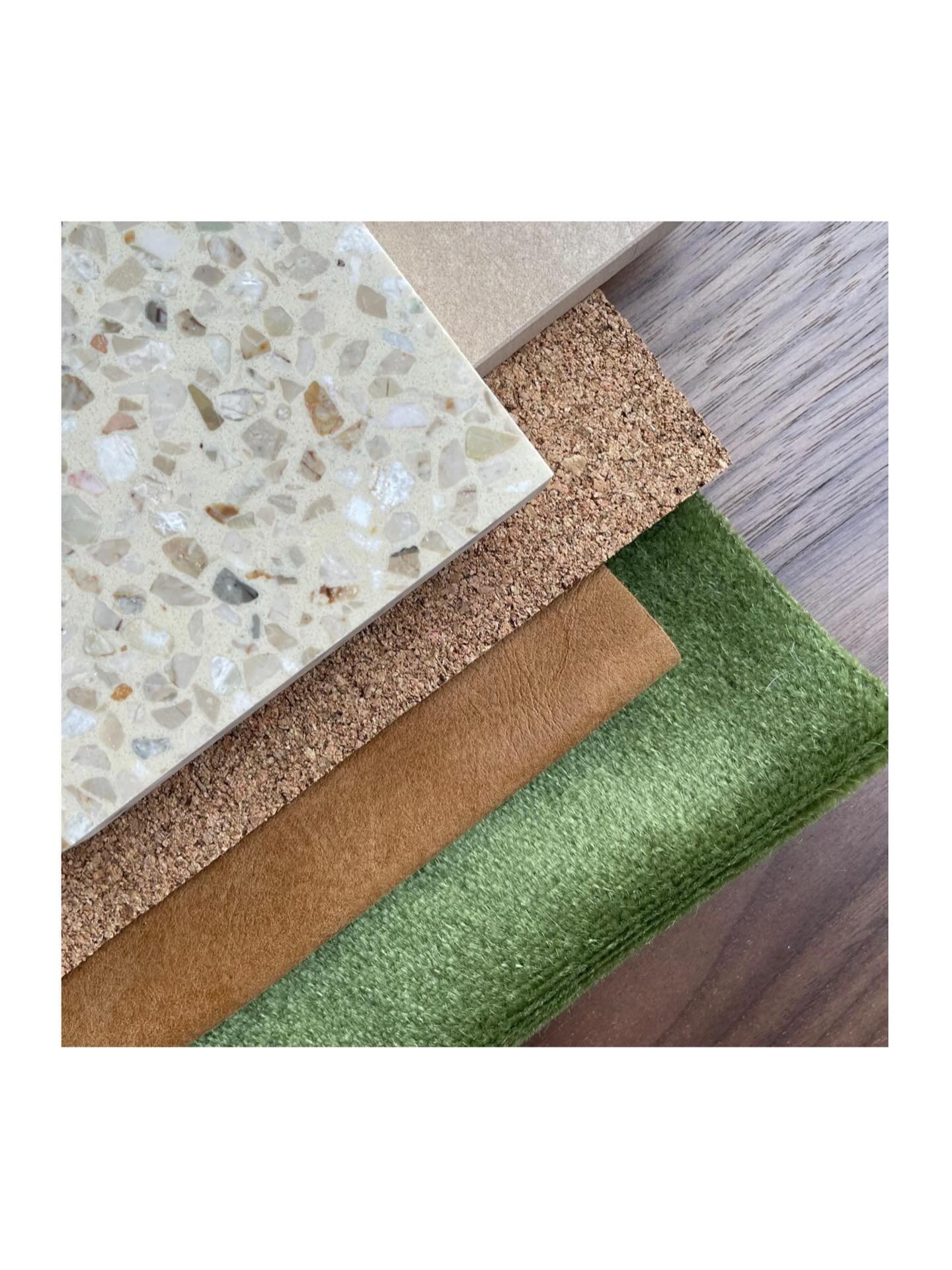 Materials moodboard for a calm and characterful retail environment.

Warm cork, marble terrazzo, earthy leather, green velvet upholstery, soft beige stone floors and walnut fixtures create a material story that feels grounded and authentic. Natural t