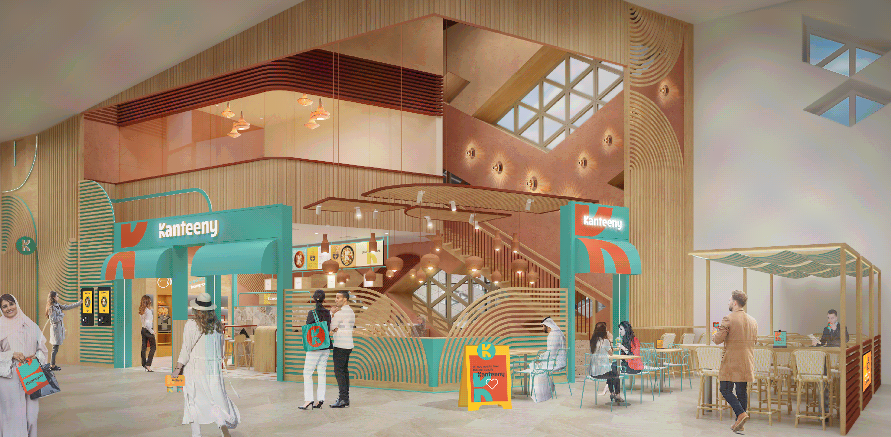 Rendering of interior and exterior visuals for cafe designed by Caulder Moore