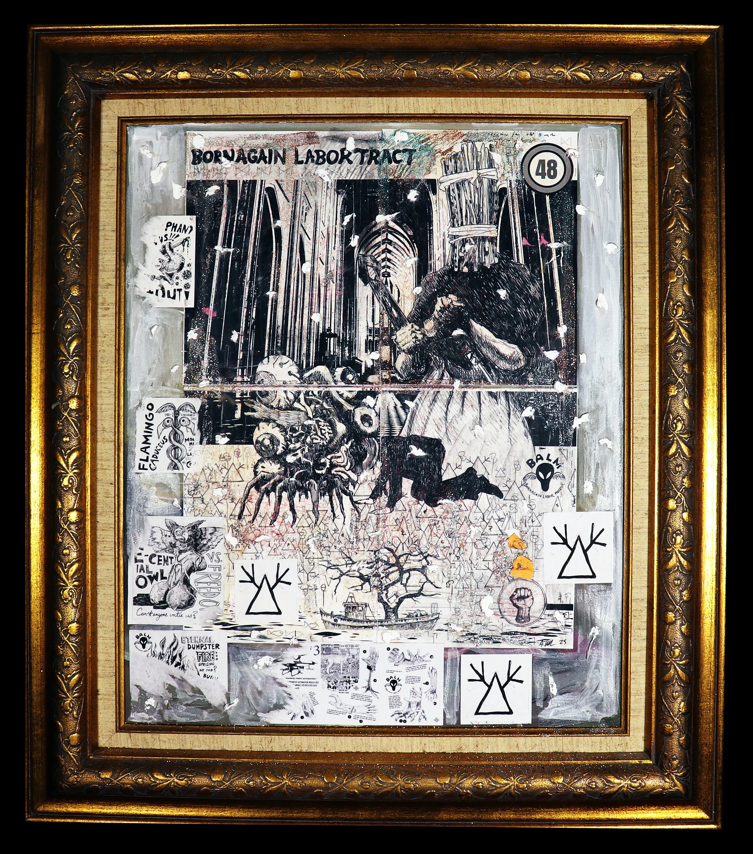 Born Again Labor Tract 48: Metaphors are for Old People - Mixed-media collage and painting, digital prints, acrylic, marker, coffee, glitter, wig-hair, stickers, Post-It notes, cotton and ash on salvaged "thrift store painting" (2025)