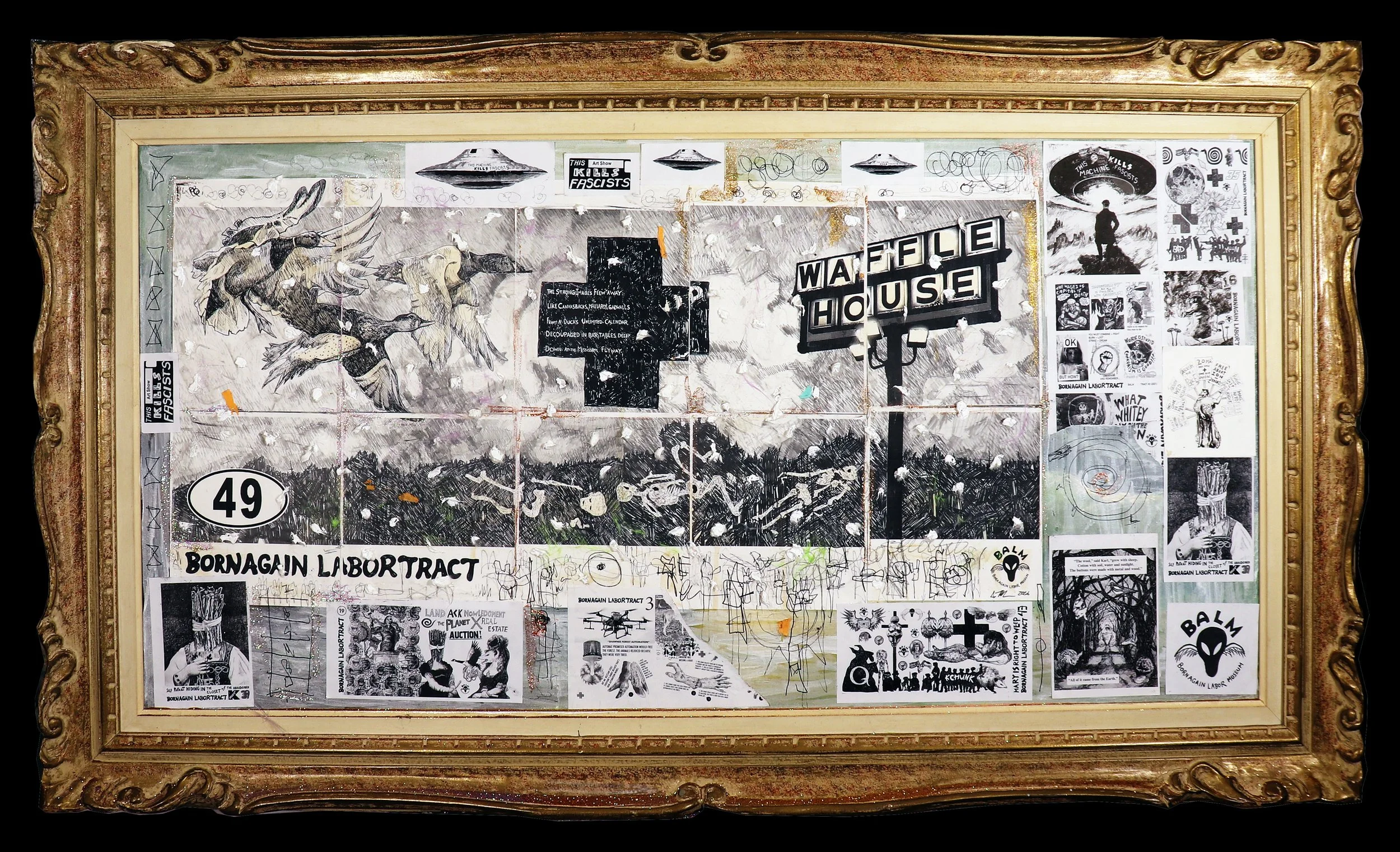 Born Again Labor Tract 49: The Strong Images Flew Away - mixed-media collage and painting, digital prints, marker, ink, wig hair, graphite, Post-It notes, coffee, glitter, stickers, cotton and ash on salvaged "thrift store painting" (2026)