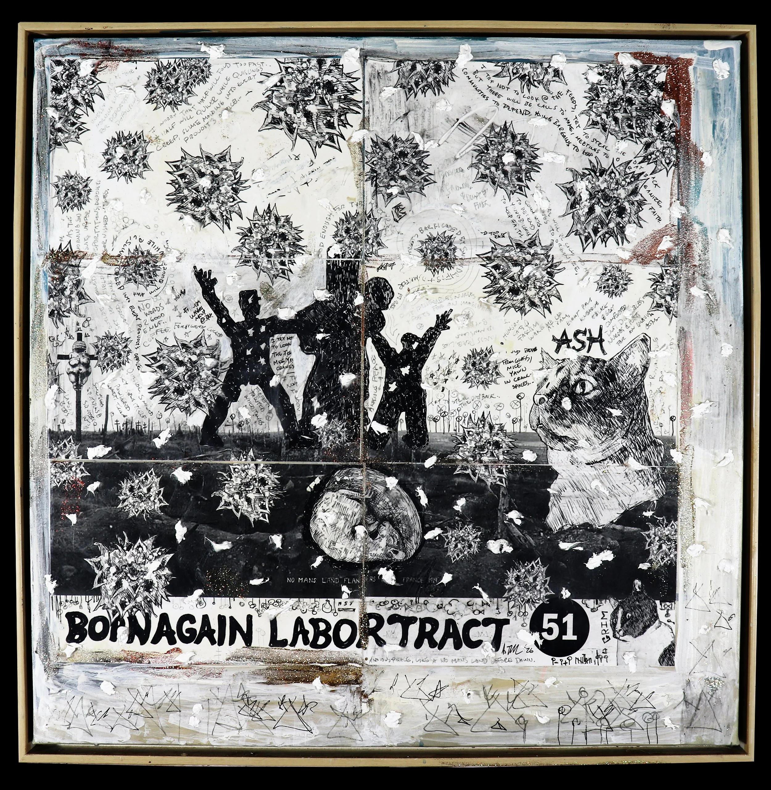 Born Again Labor Tract 51: No Words are Good Enough for the Martyrs - mixed-media collage and painting, digital prints, acrylic, glitter, coffee, cotton and ash on salvaged "thrift store painting," ~24 x 24 inches (2026)