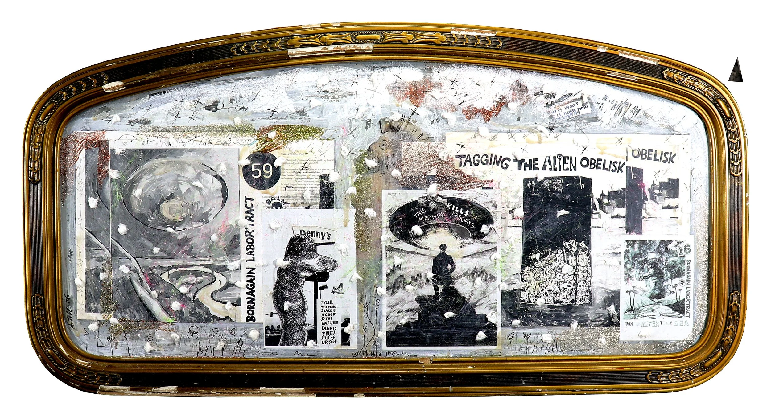 Born Again Labor Tract 59: Tagging the Alien Obelisk (Oxbow) - mixed media collage and painting, digital prints, acrylic, stickers, wig hair, glitter, coffee, marker, cotton and ash on salvaged "thrift-store painting" (2026)