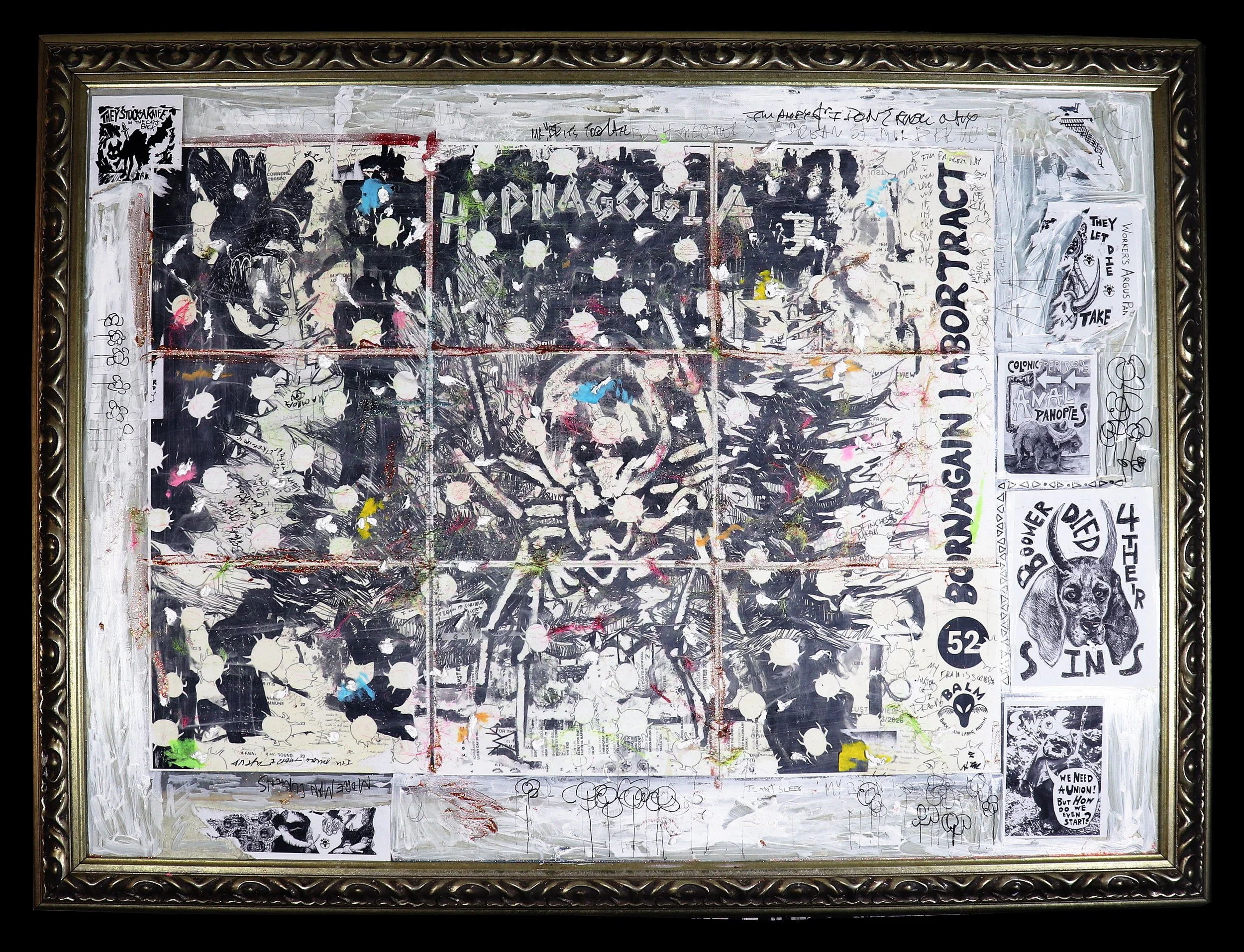 Born Again Labor Tract 52: Hypnagogia - mixed-media collage and painting, digital prints, acrylic, stickers, wig hair, glitter, coffee, graphite, post-it notes, marker, cotton and ash on salvaged thrift-store "painting," ~ 48 by 38 inches (2026