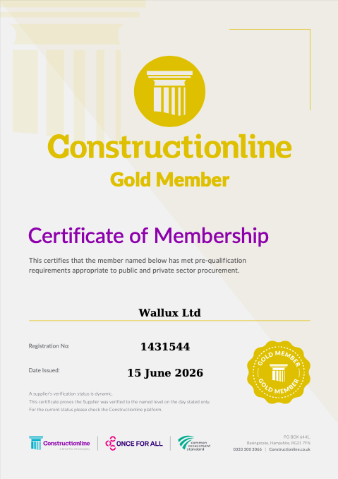 Certificate of Membership from Constructionline, indicating Gold Member status, awarded to Wallux Ltd on June 15, 2026.