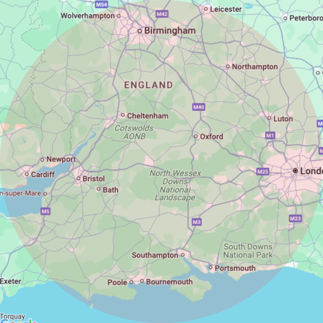 A map of England showing major cities such as Birmingham, London, Bristol, and Southampton, with regional parks including South Downs National Park and North Wessex Downs, and surrounding roads and highways.