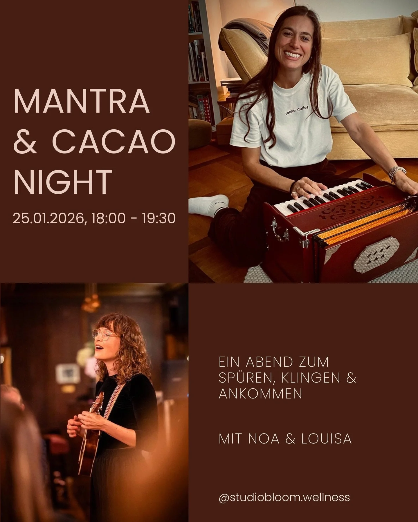 Mantra &amp; Cacao Night &ndash; ein Abend f&uuml;r Herz &amp; Stimme

Manche Abende d&uuml;rfen anders sein.
Weniger reden. Weniger denken.
Mehr f&uuml;hlen.

Bei der Mantra &amp; Cacao Night kommen wir zusammen, um langsamer zu werden, das Herz zu 
