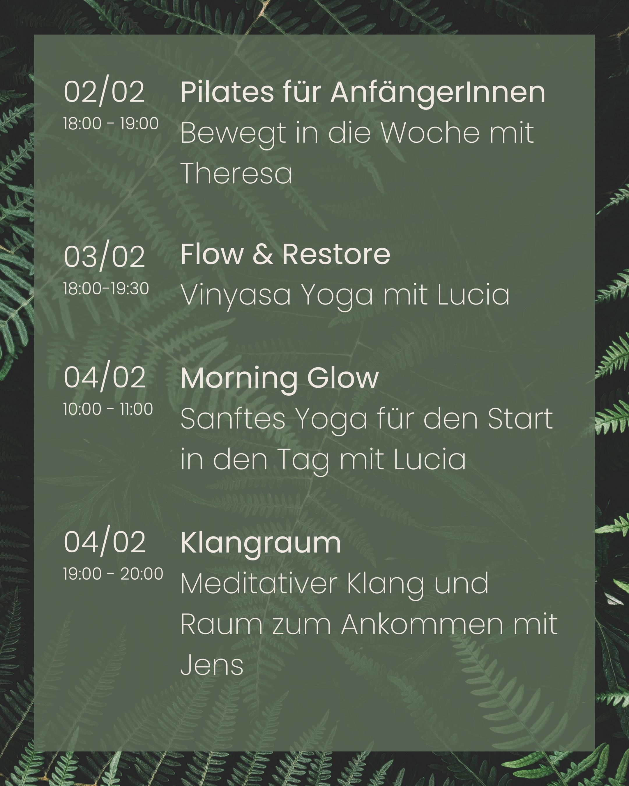 Kursplan im Februar - Yoga, Pilates, Aromatherapie, Breathwork, Entspannung, Achtsamkeit, Cacao, Full Moon