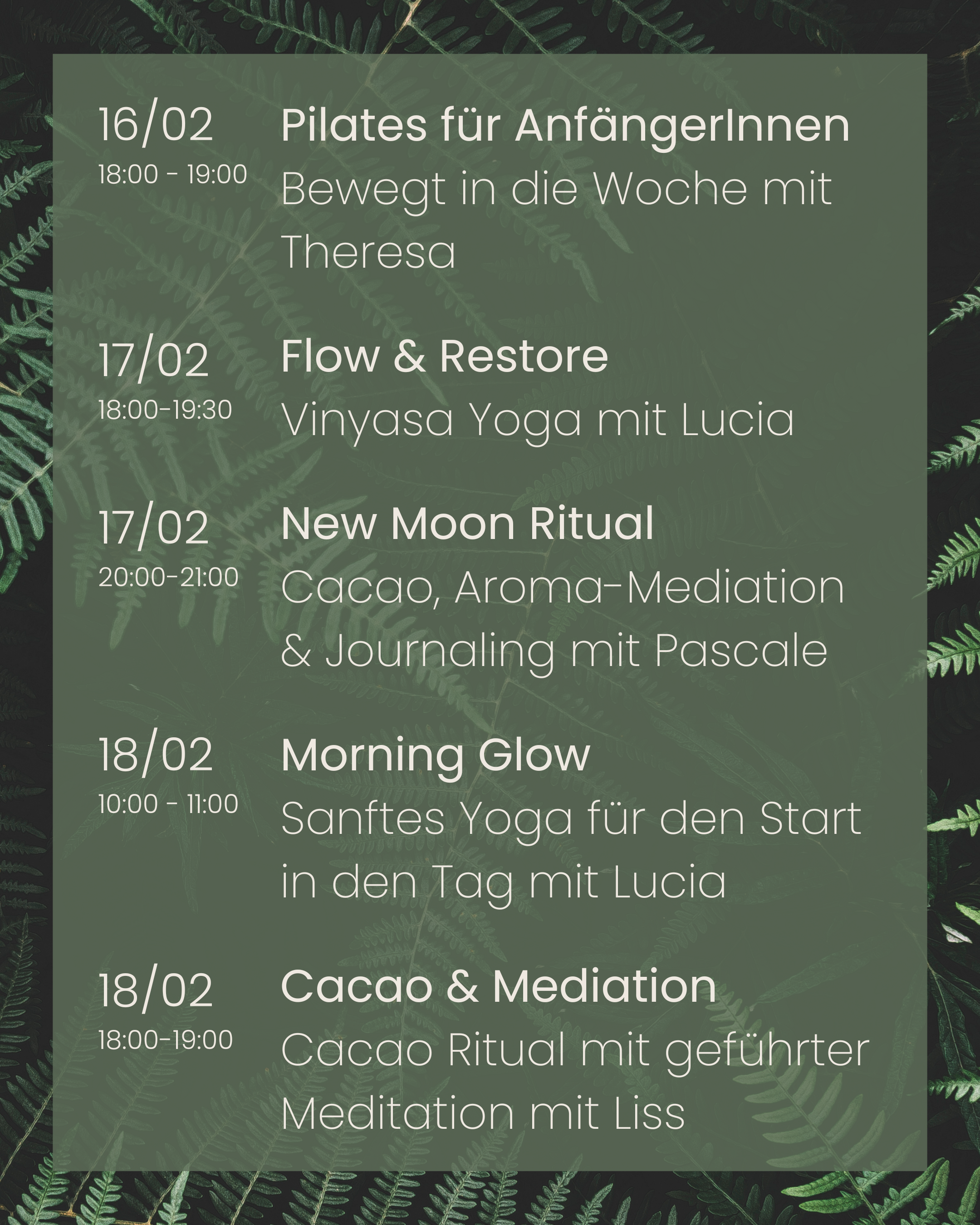 Kursplan im Februar - Yoga, Pilates, Aromatherapie, Breathwork, Entspannung, Achtsamkeit, Cacao, Full Moon