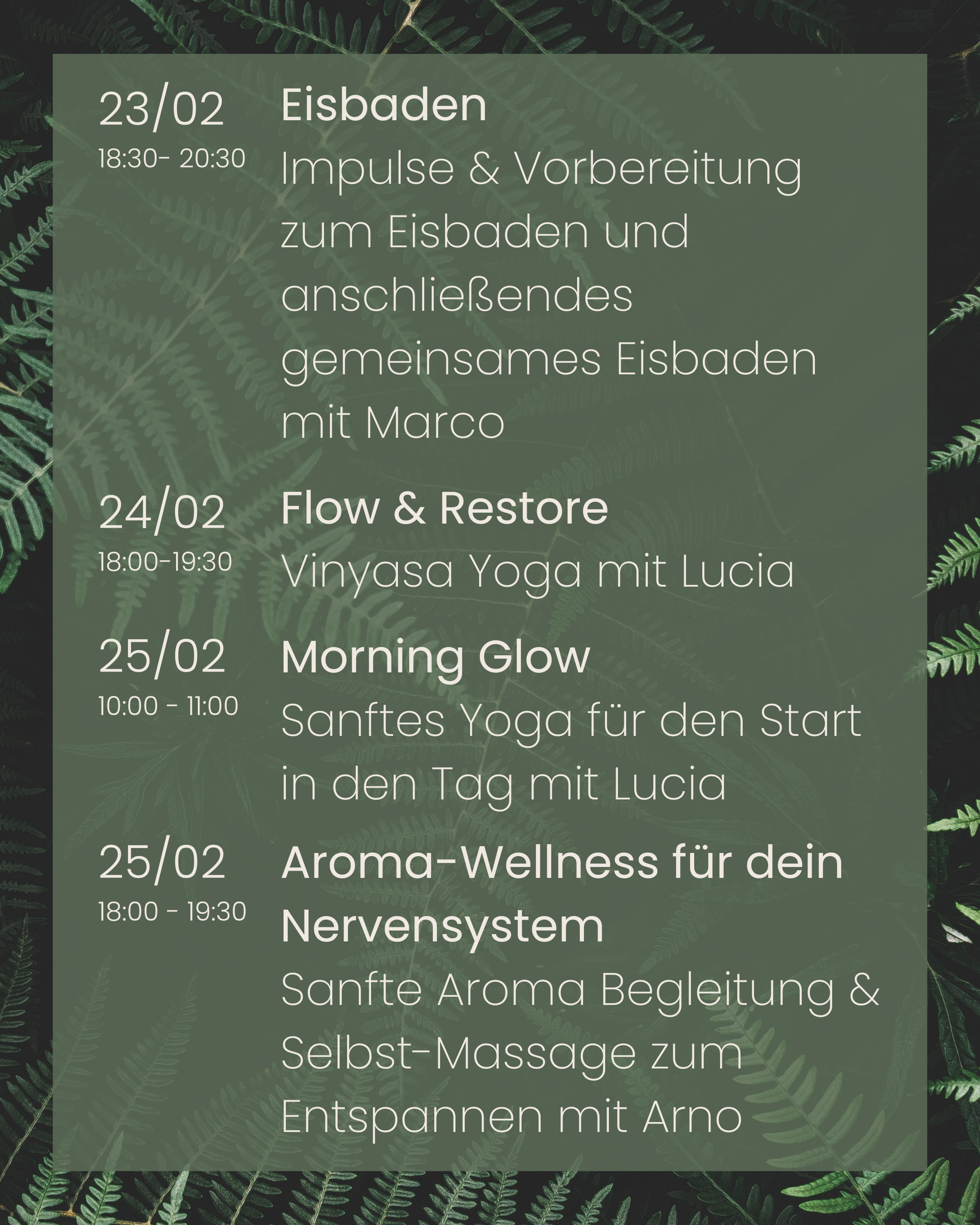 Kursplan im Februar - Yoga, Pilates, Aromatherapie, Breathwork, Entspannung, Achtsamkeit, Cacao, Full Moon