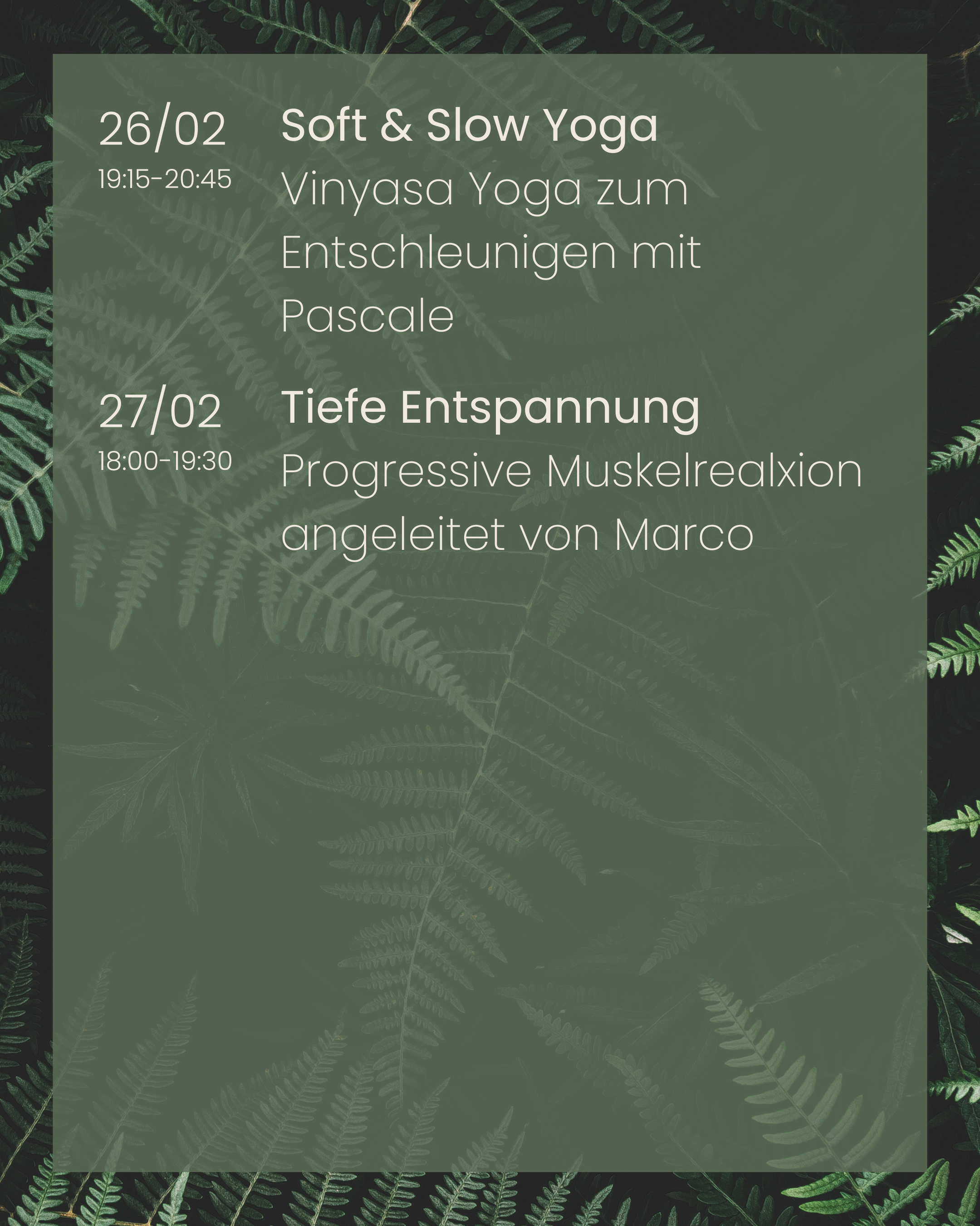 Kursplan im Februar - Yoga, Pilates, Aromatherapie, Breathwork, Entspannung, Achtsamkeit, Cacao, Full Moon