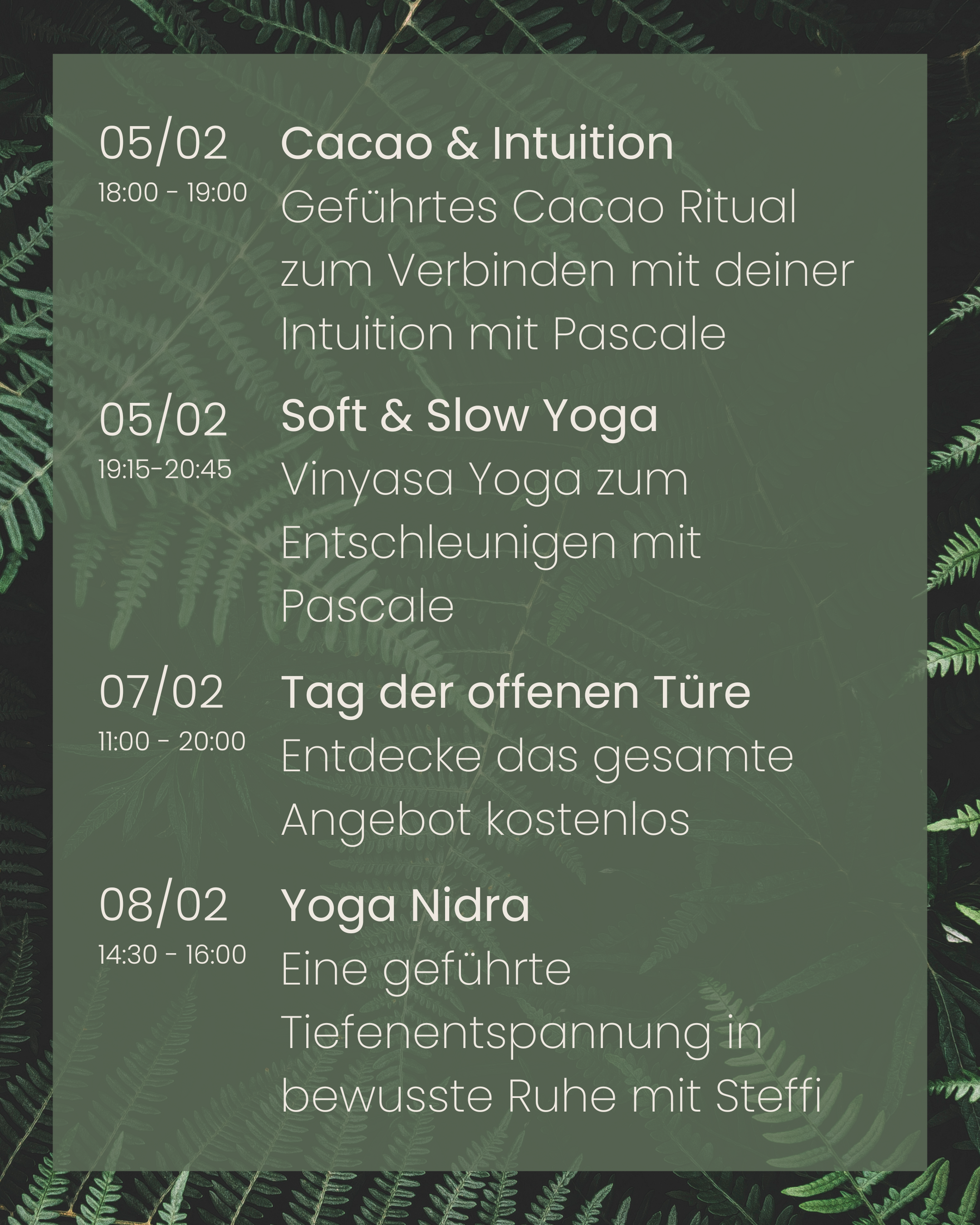 Kursplan im Februar - Yoga, Pilates, Aromatherapie, Breathwork, Entspannung, Achtsamkeit, Cacao, Full Moon