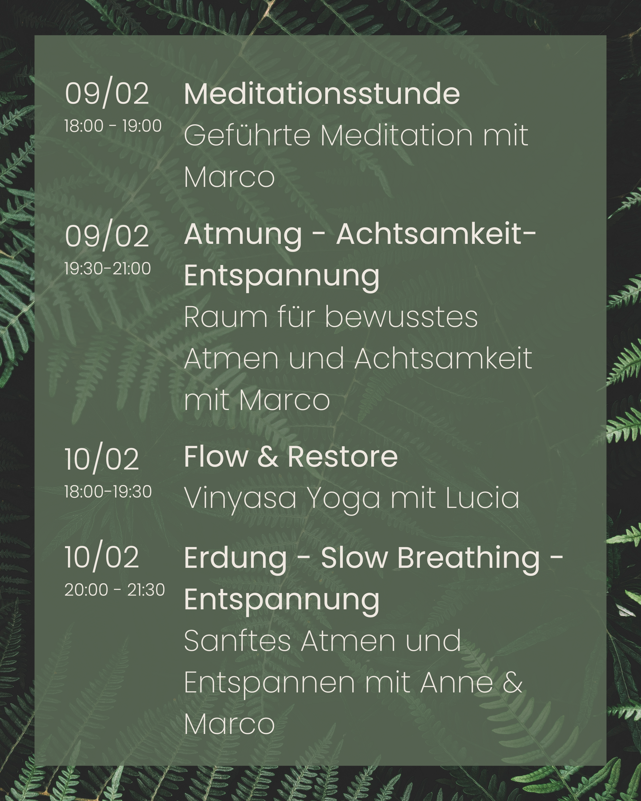 Kursplan im Februar - Yoga, Pilates, Aromatherapie, Breathwork, Entspannung, Achtsamkeit, Cacao, Full Moon