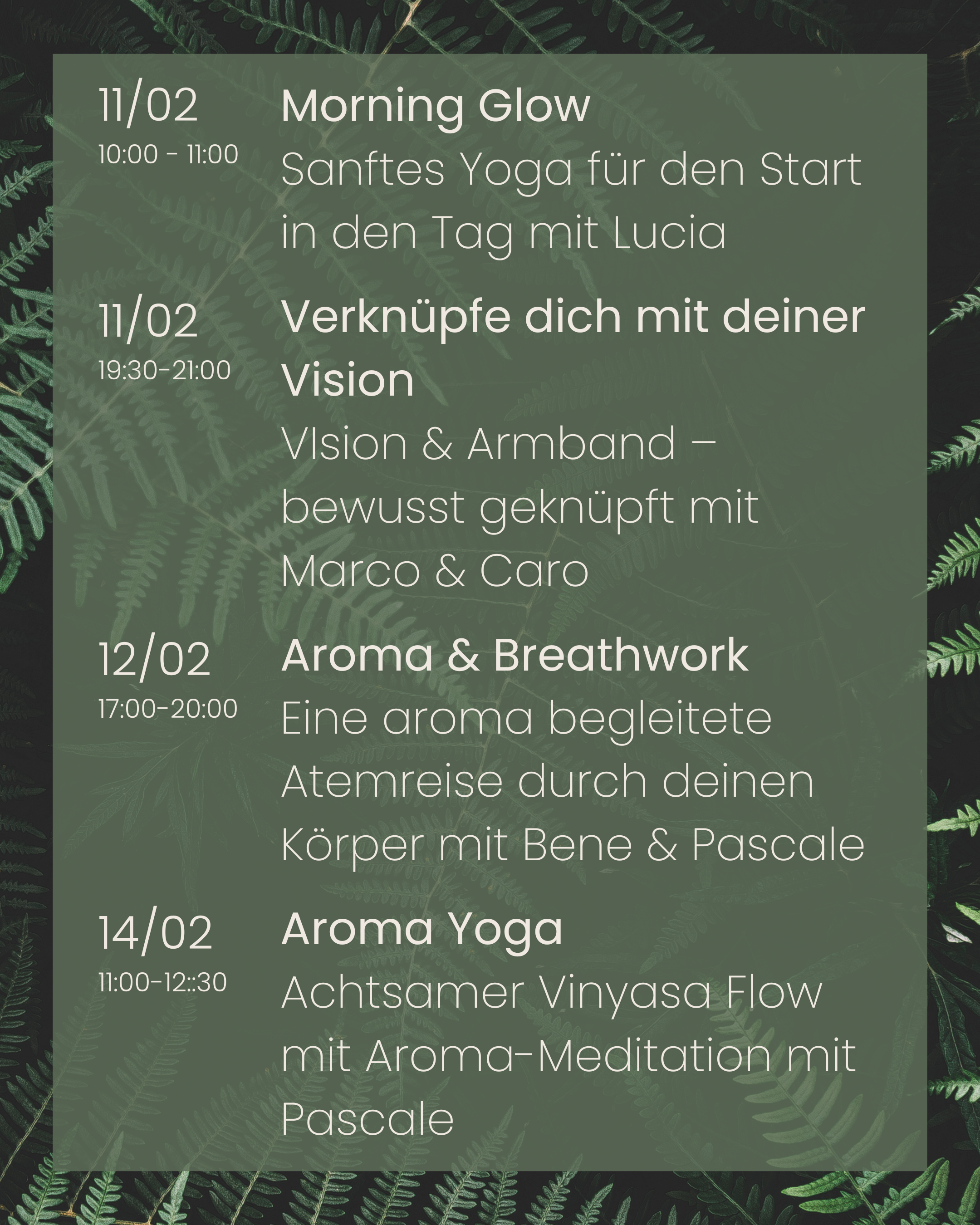 Kursplan im Februar - Yoga, Pilates, Aromatherapie, Breathwork, Entspannung, Achtsamkeit, Cacao, Full Moon