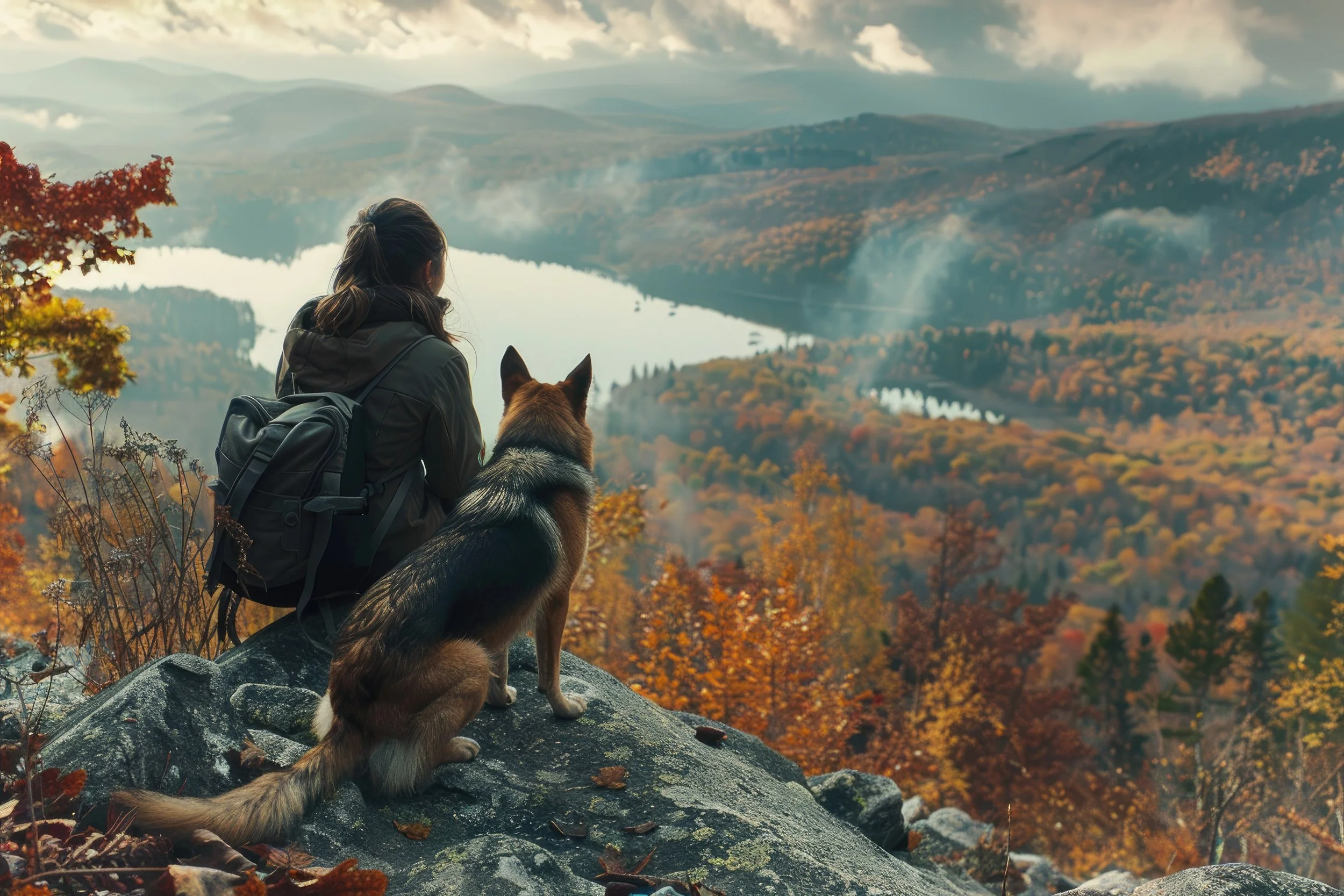 A woman with a backpack sitting on a rock with her dog, overlooking a lake and mountains in an autumn landscape.