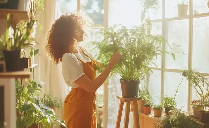 A woman with curly hair tending to a large potted fern plant in a bright, sunlit greenhouse or indoor garden, surrounded by various smaller potted plants.