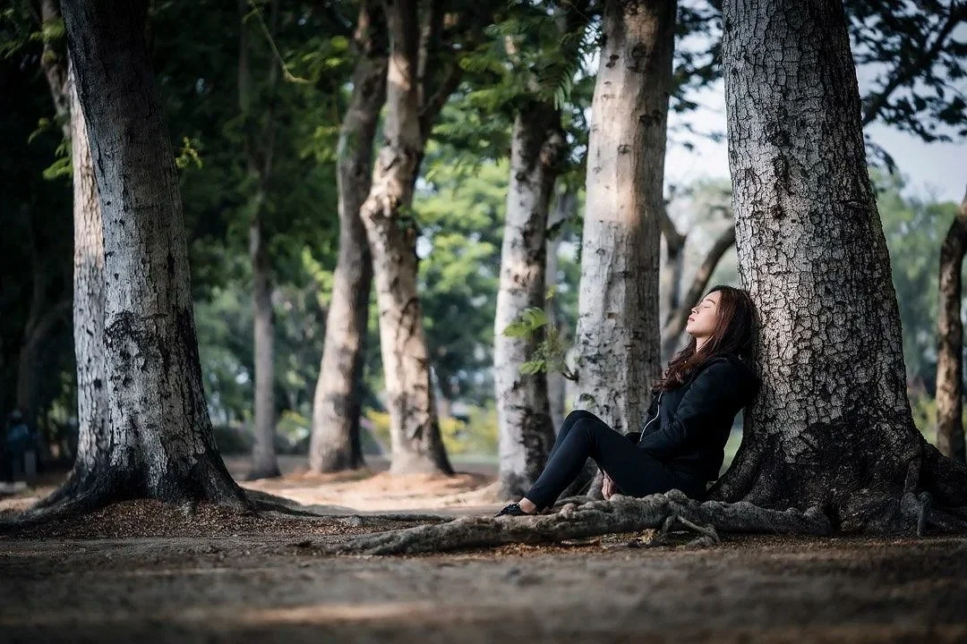 A woman sitting on the ground leaning against a large tree in a forested area with tall trees and green foliage.