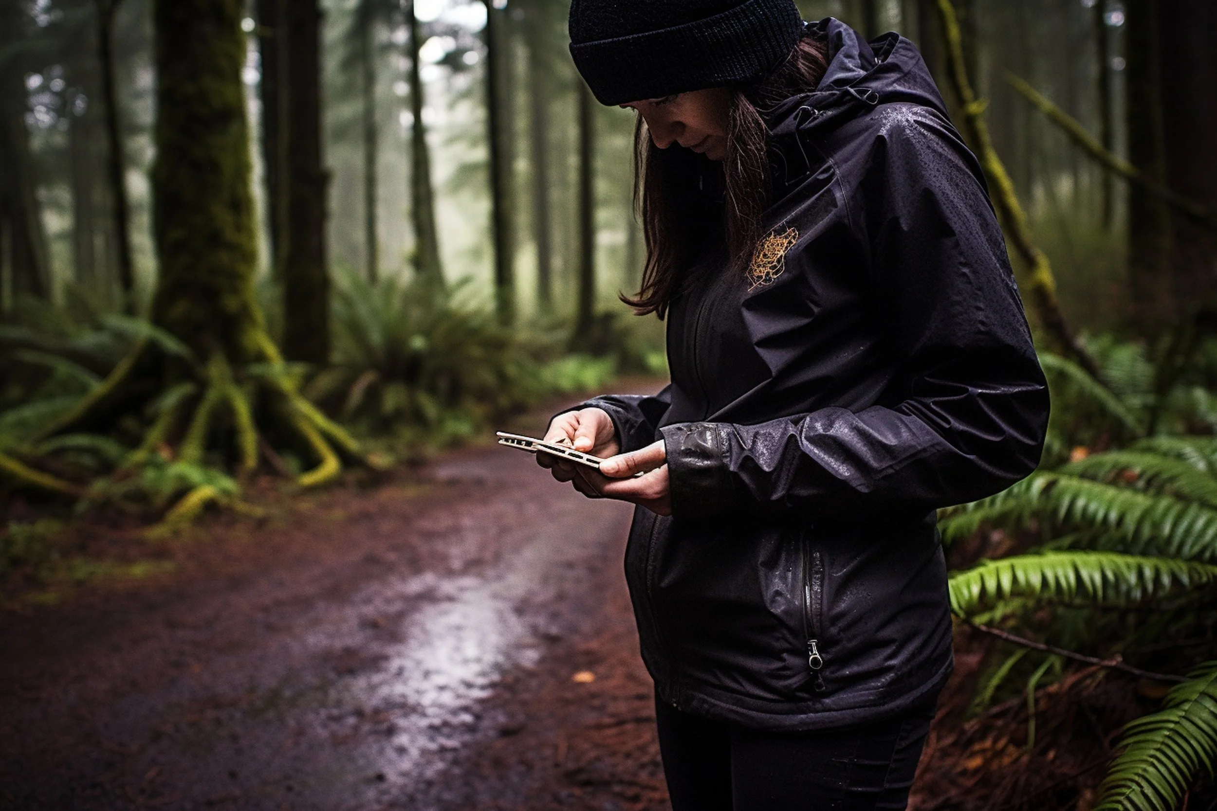 A woman dressed in a black jacket and beanie hat standing on a forest trail, looking at her phone amidst dense trees and greenery.