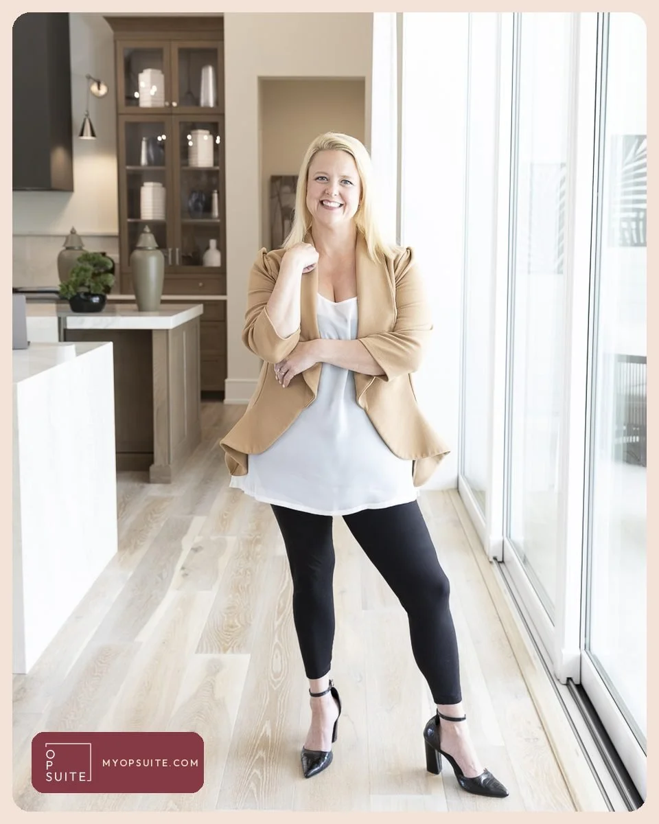 Samantha Cox standing in a bright new-construction home kitchen in Jacksonville, FL