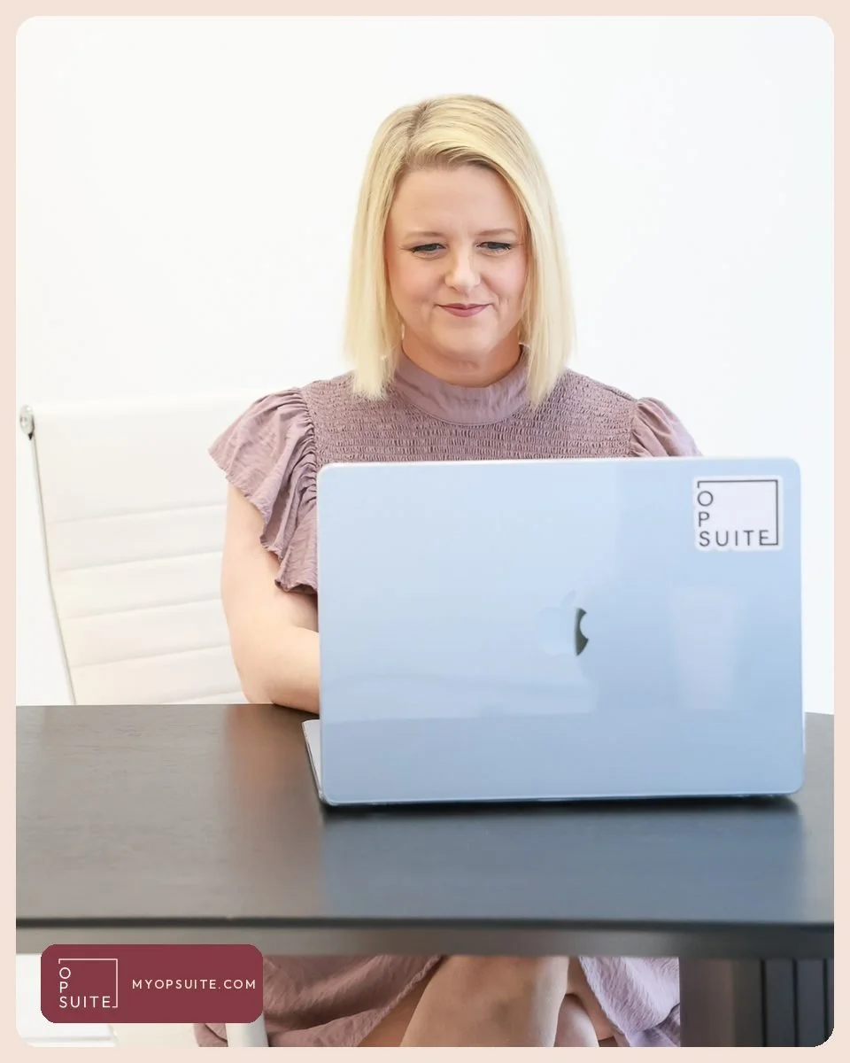 Samantha Cox working at a laptop with an OpSuite sticker, coordinating a real estate transaction