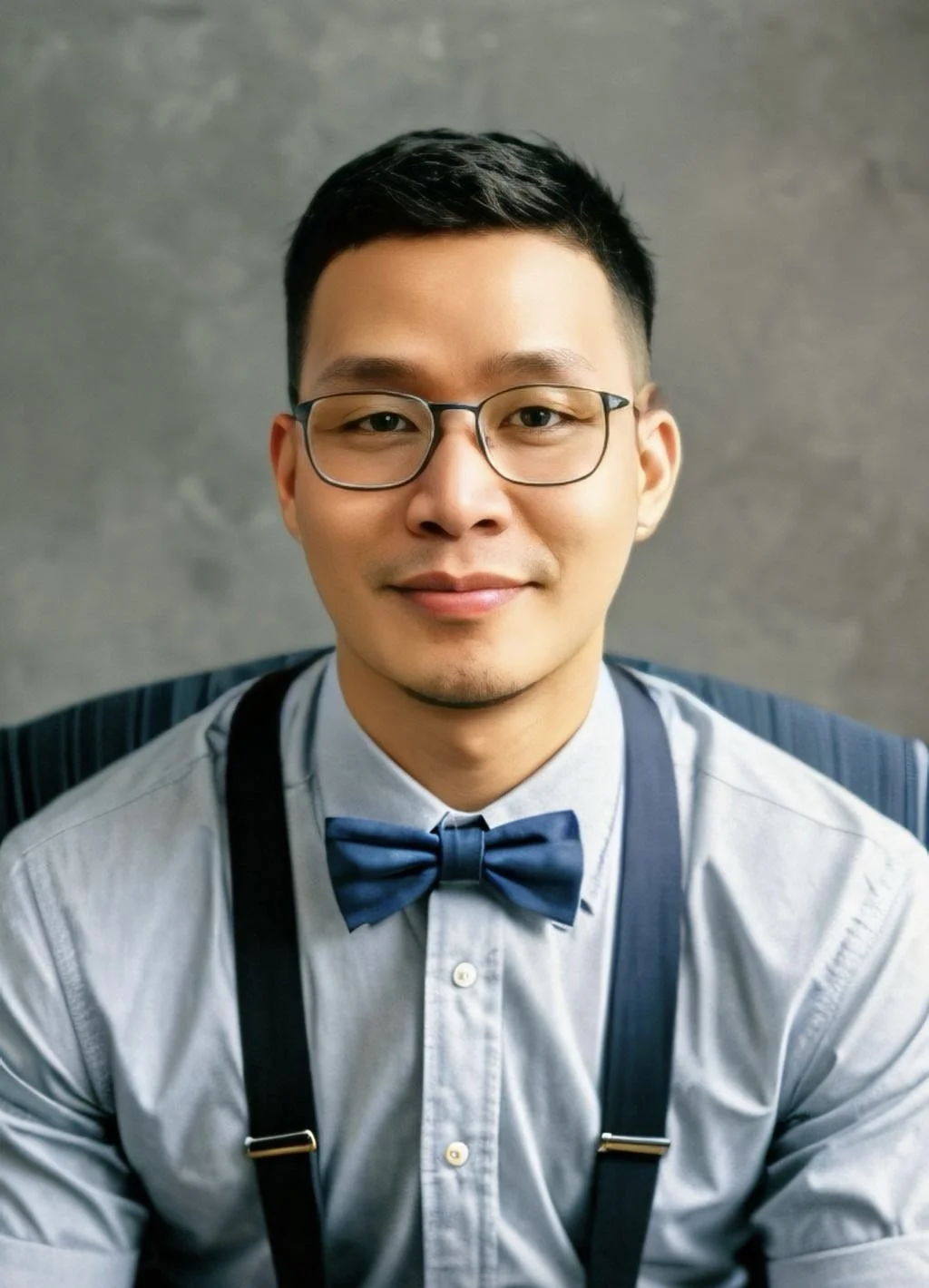 Portrait of a young man with glasses, wearing a light blue dress shirt, a blue bow tie, and suspenders, sitting against a gray background.