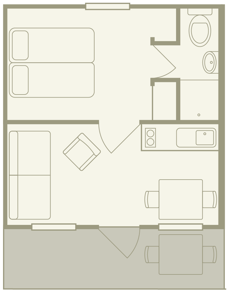 Floor plan of a small apartment with a bedroom, living area, kitchen, and bathroom.