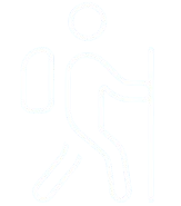Icon of a person walking with a cane, wearing a backpack.