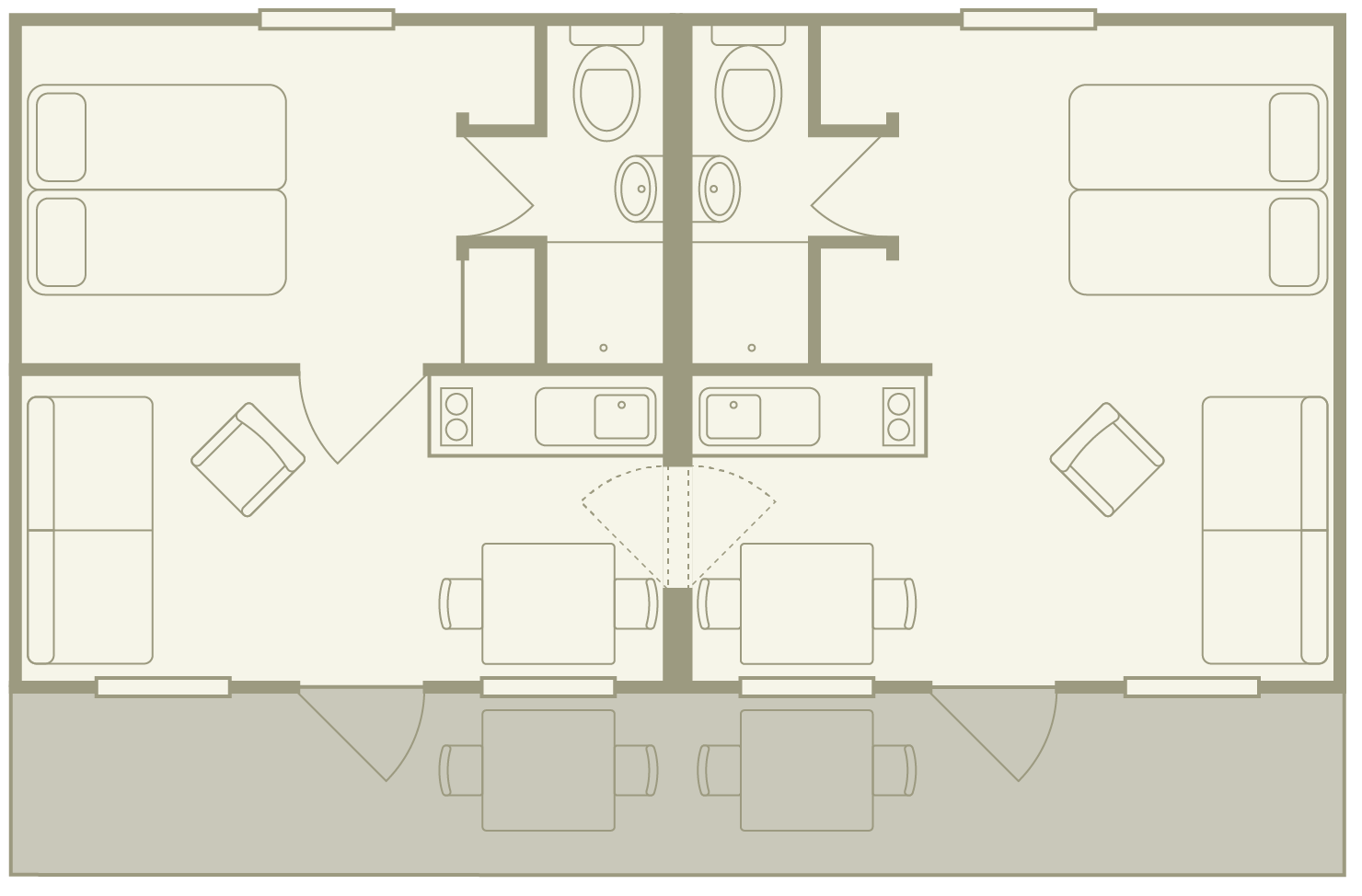 Floor plan of a duplex apartment with two bedrooms, two bathrooms, two kitchens, and living areas, separated by a dividing wall.
