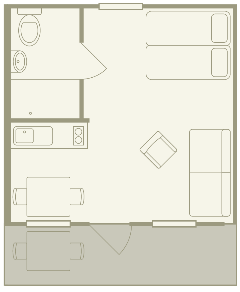 Floor plan of a small apartment with a bedroom, bathroom, kitchen, and living area.