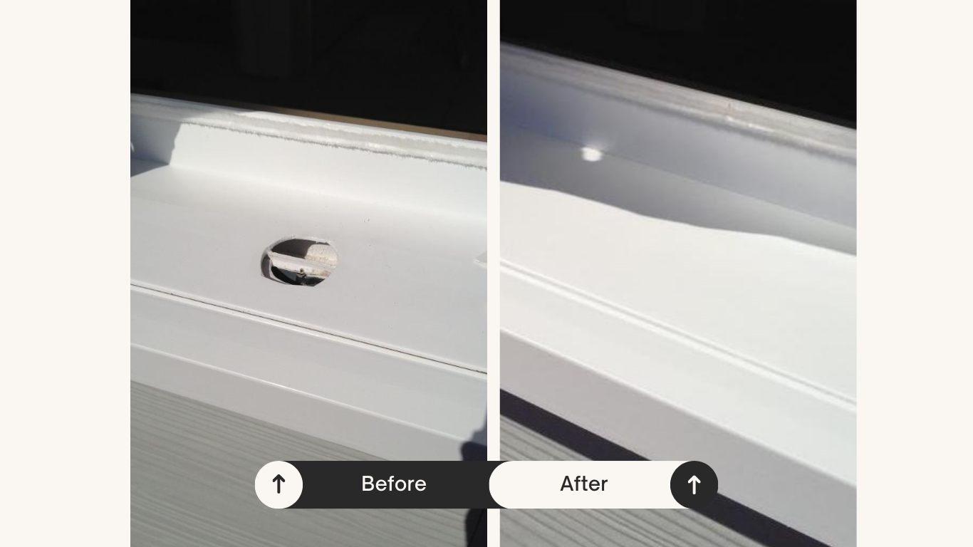Damaged exterior window sill repaired from hail damage