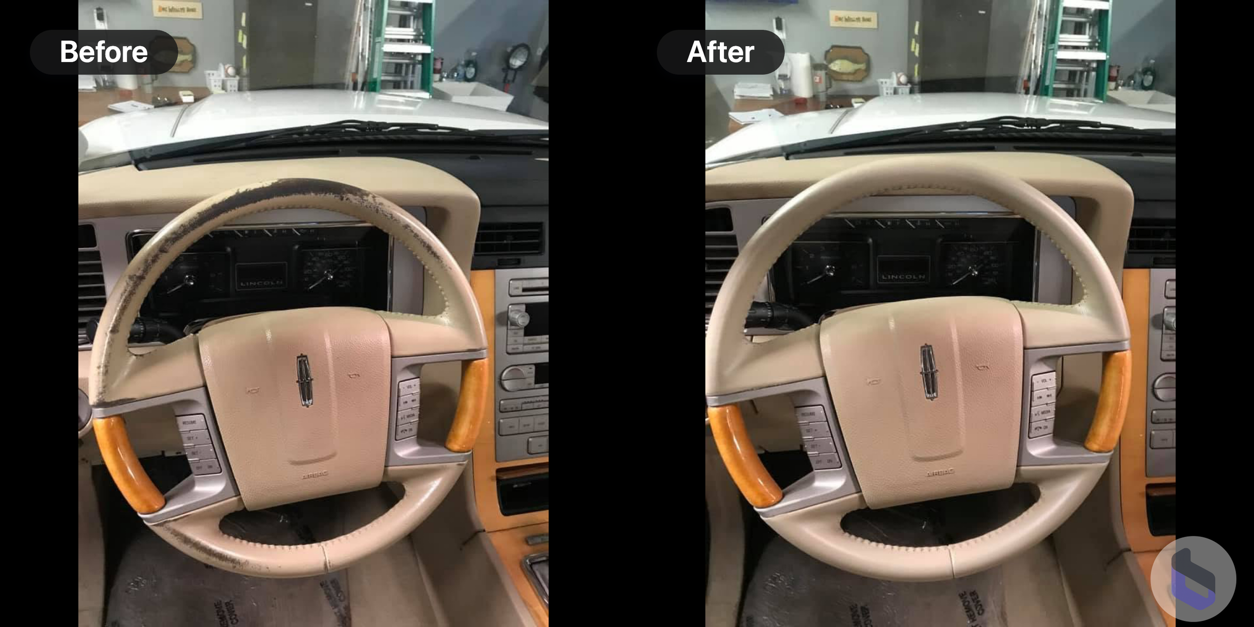 Comparison of damaged leather steering wheel and professionally repaired, color matched finished steering wheel