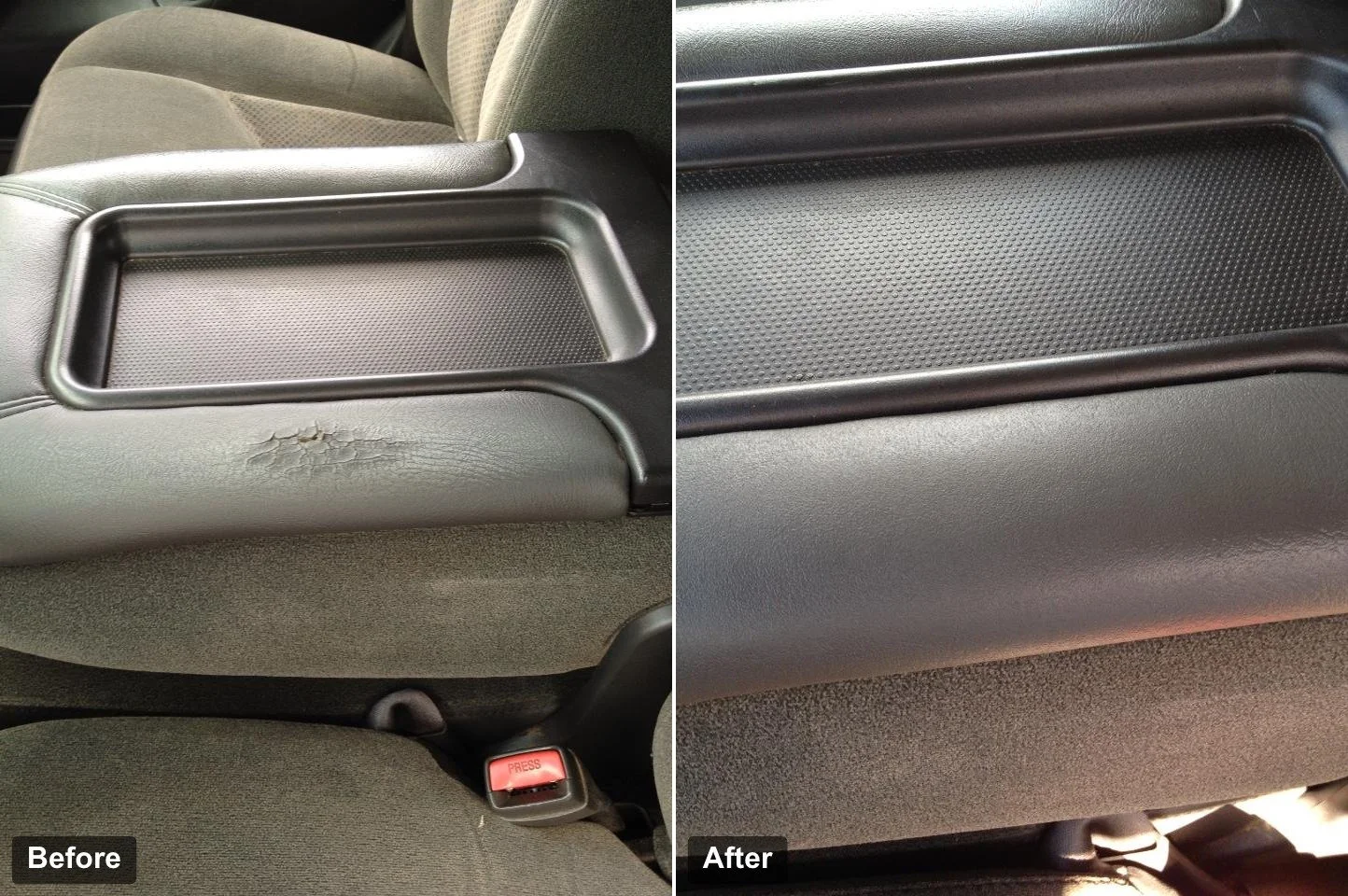 Center console on car or truck with cracked/torn vinyl repaired and dyed to match
