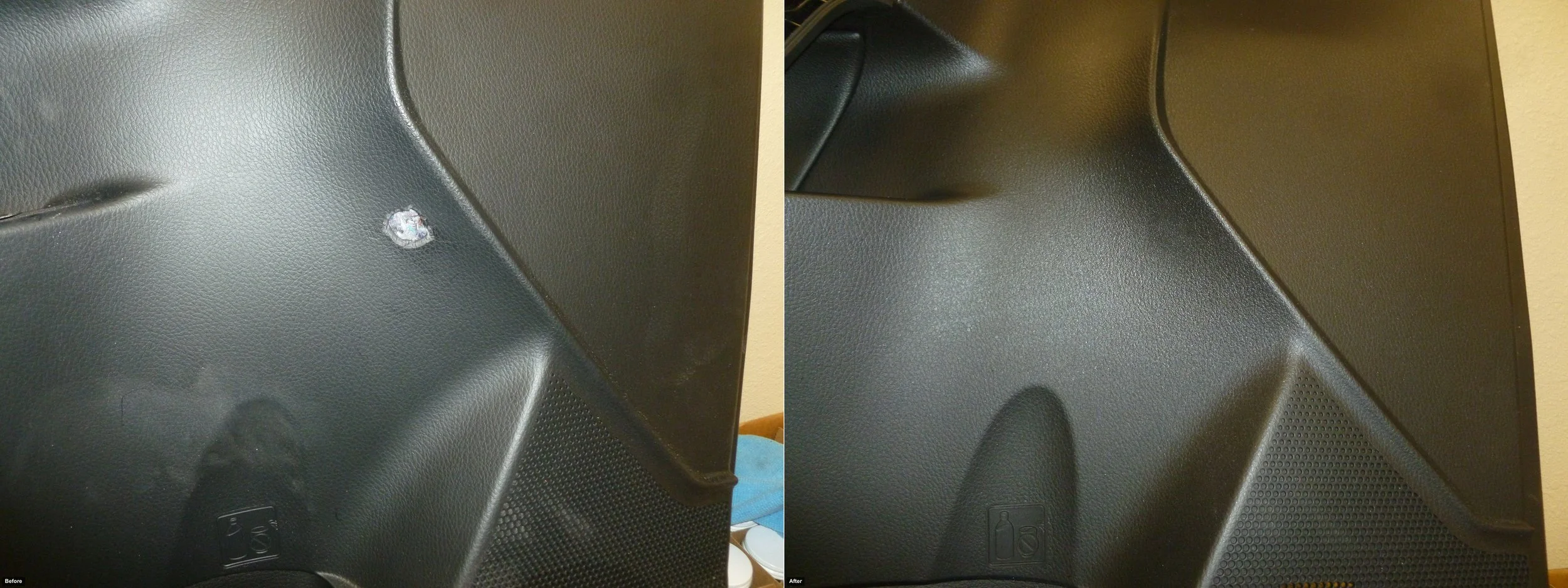 Damaged plastic door panel repaired and matched professionally